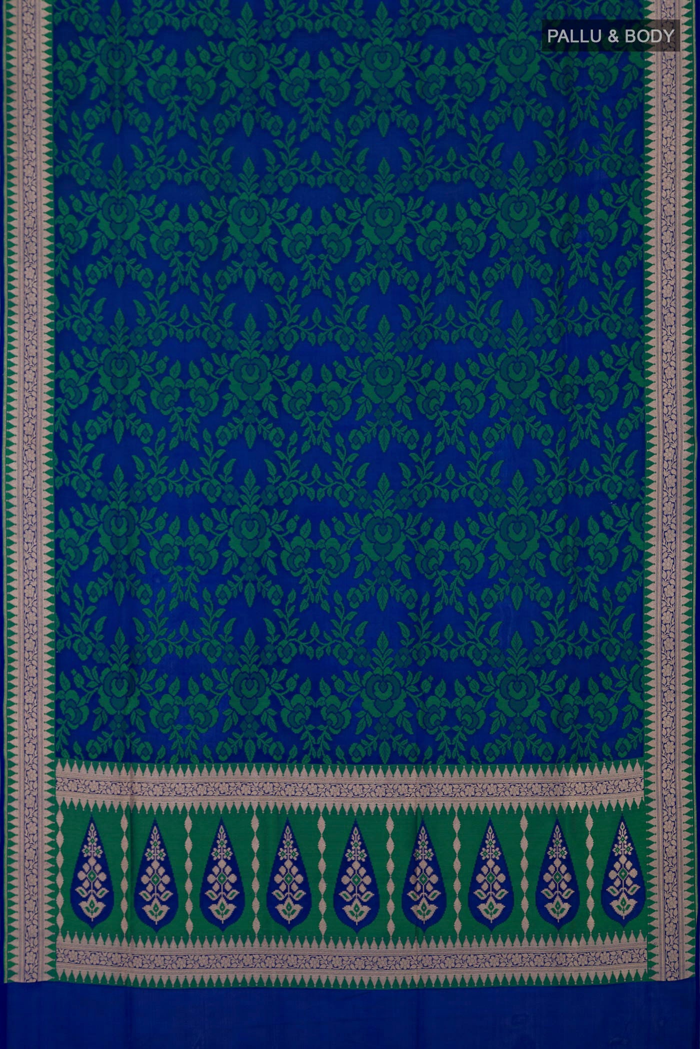 Flat view of Blue Banarasi Silk Saree with Thread Butta on the body and Zari Border. 