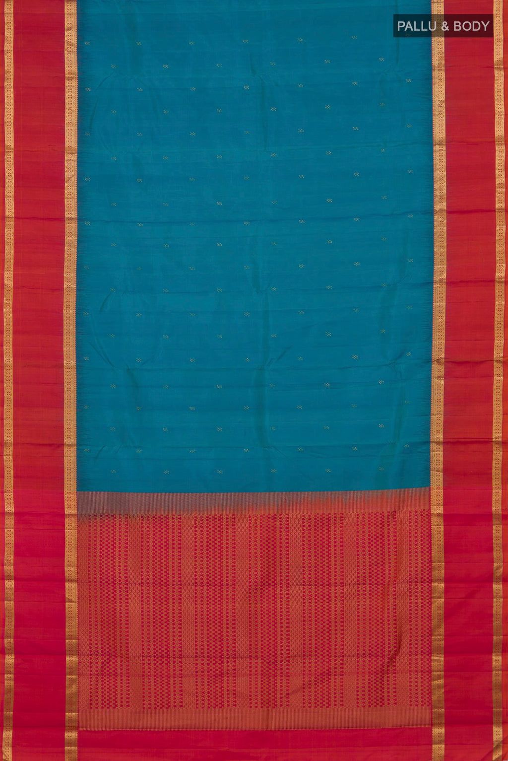 Flat view of Pure Silk Blue Kanjivaram Saree with Zari Butta on the body and Zari Border. 