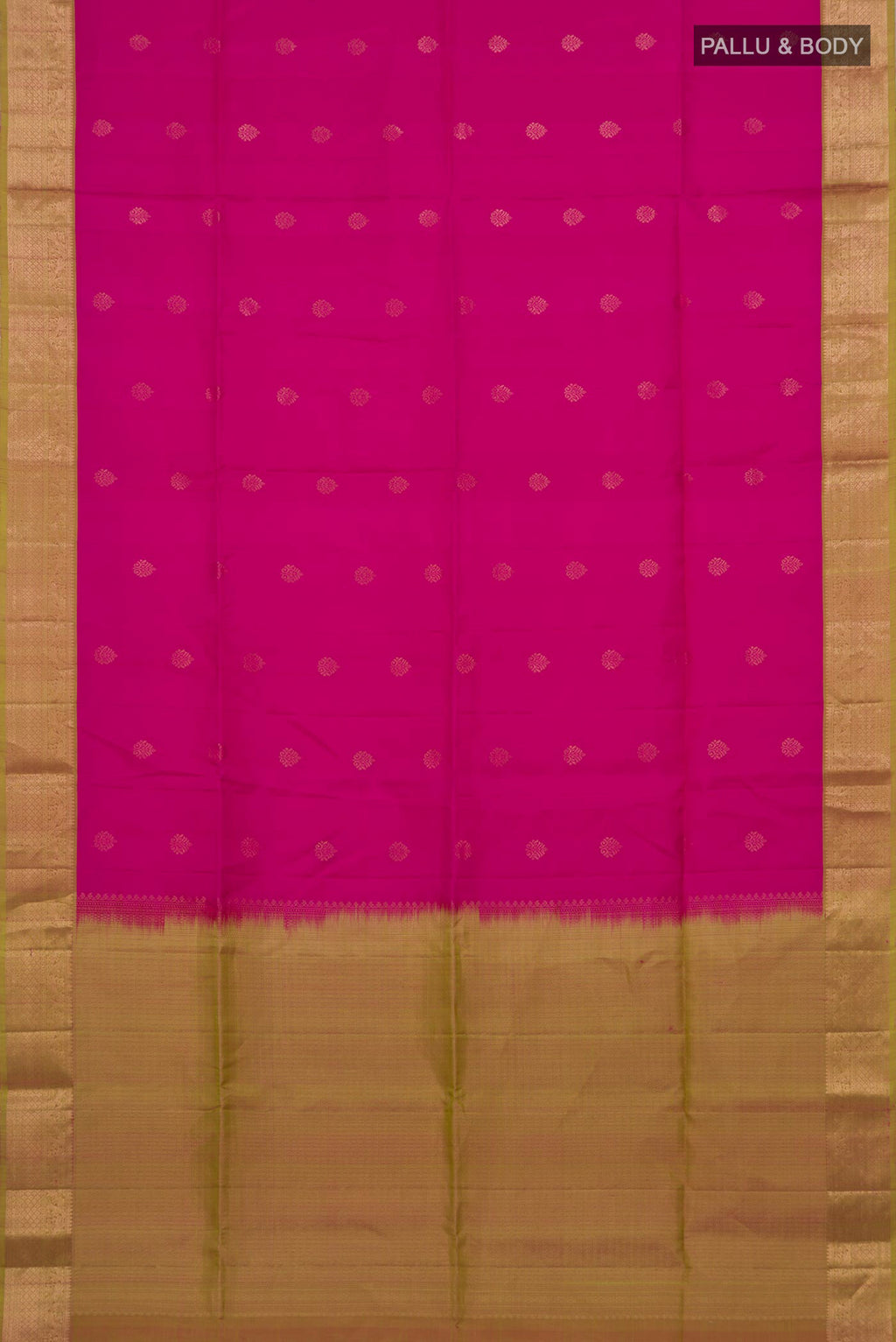 Flat view of Pink Soft Silk Saree with Zari Butta on the body and Zari Border. 