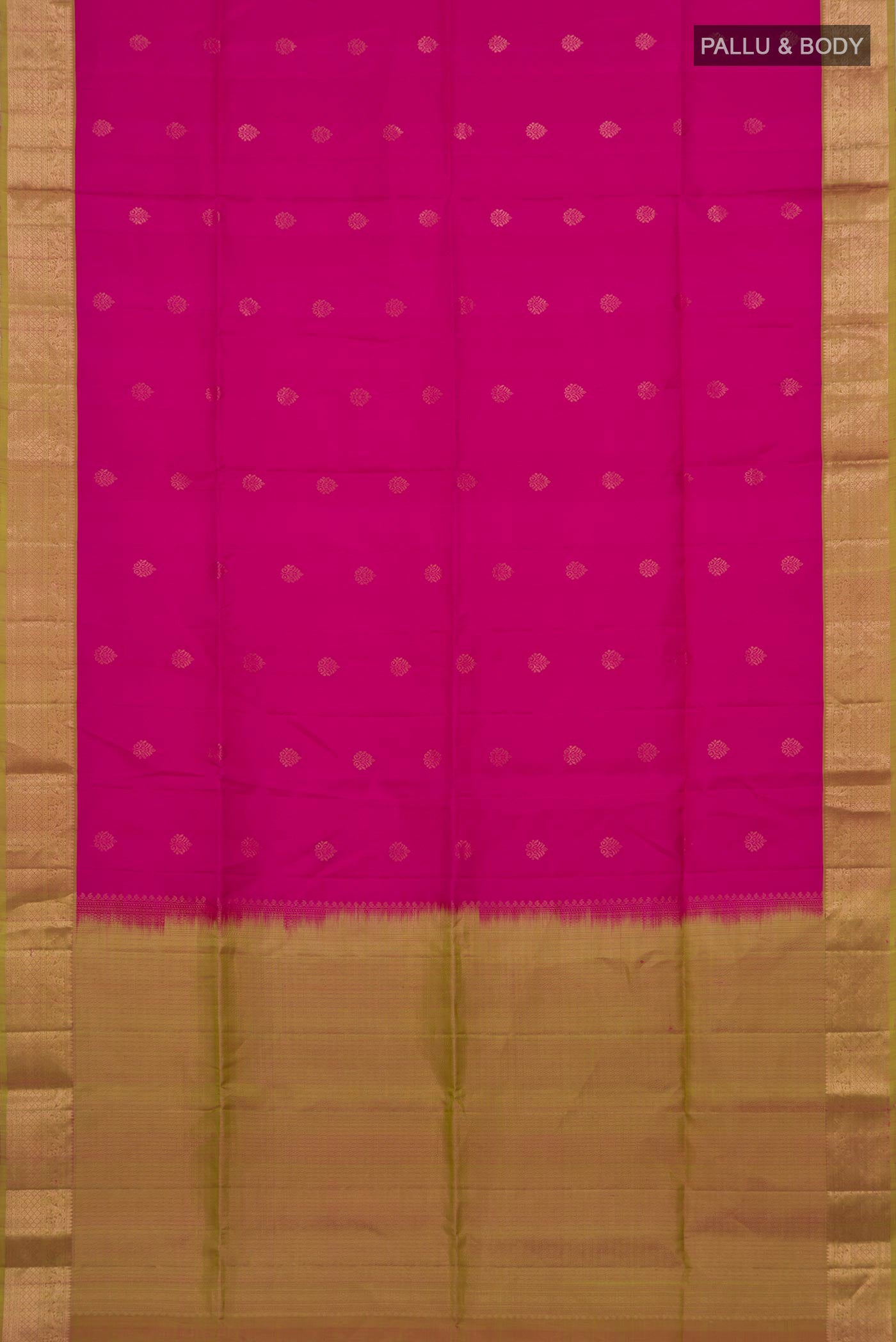 Flat view of Pink Soft Silk Saree with Zari Butta on the body and Zari Border. 