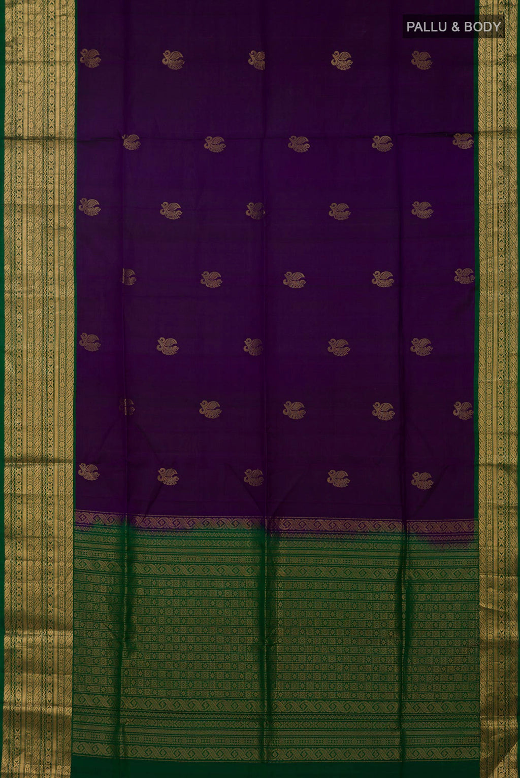 Flat view of Violet Soft Silk Saree with Zari Butta on the body and Zari Border. 