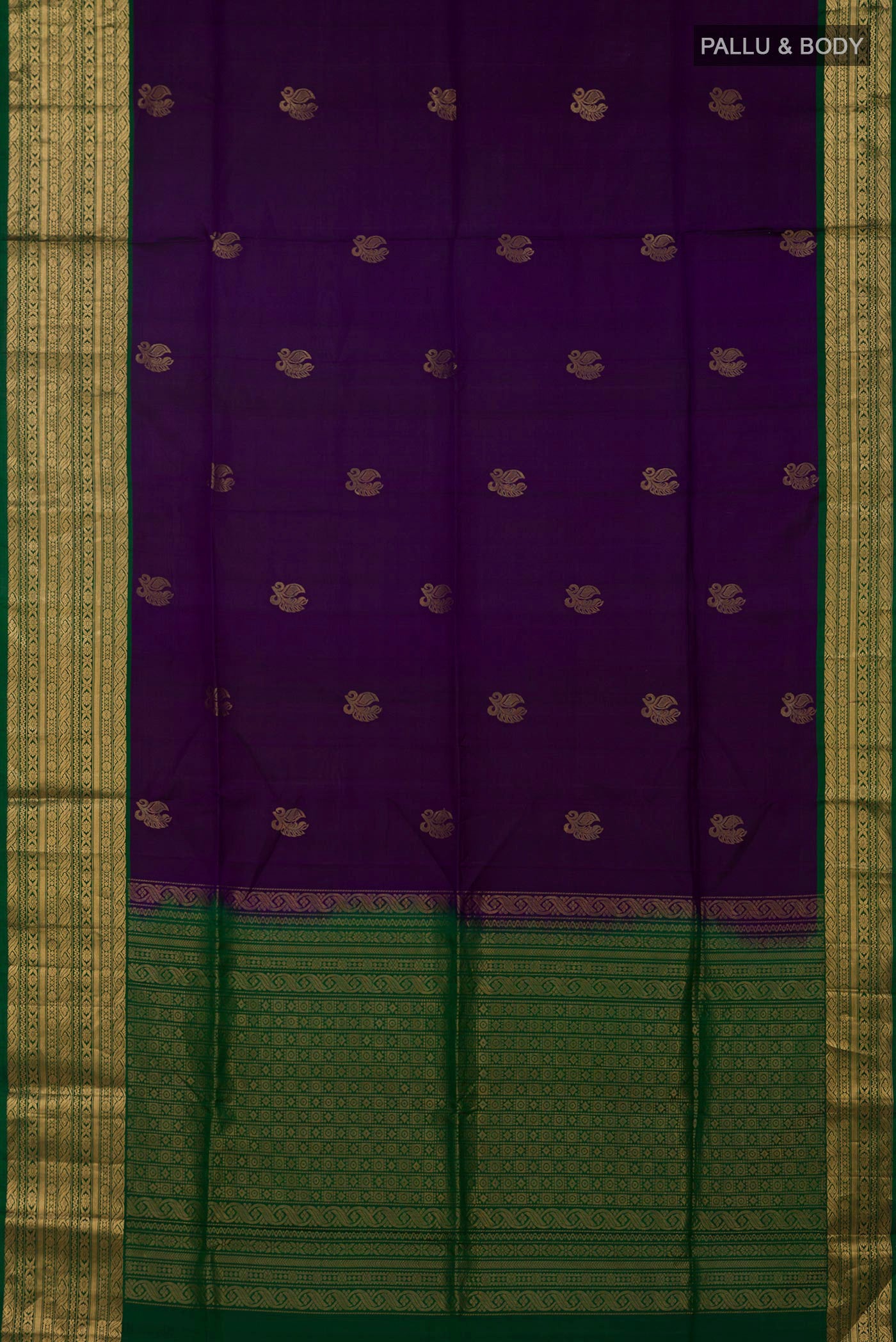 Flat view of Violet Soft Silk Saree with Zari Butta on the body and Zari Border. 