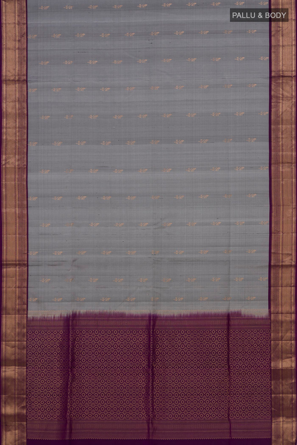 Flat view of Pure Silk Grey Soft Saree with Zari Butta on the body and Zari Border. 