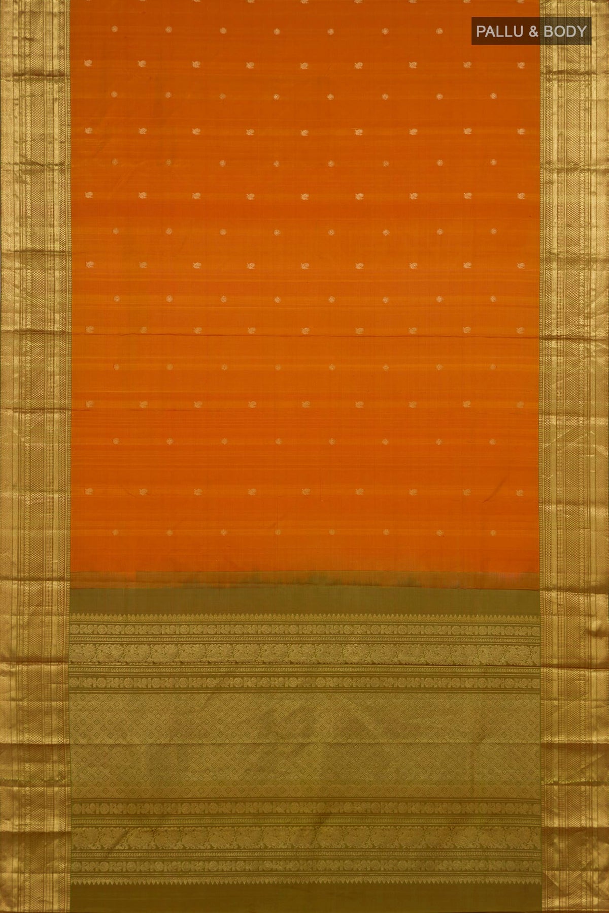 Flat view of Pure Silk Yellow Kanchipuram Saree with Zari Butta on the body and Zari Border. 