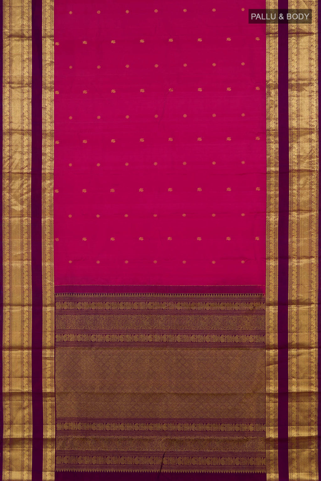 Flat view of Pink Kanchipuram Silk Saree with Zari Butta on the body and Zari Border. 