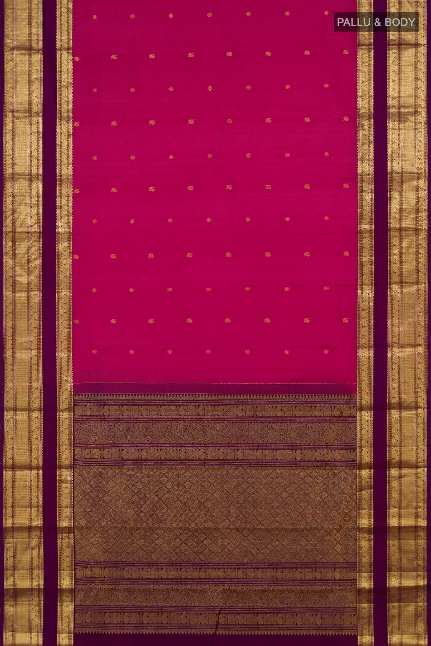 Flat view of Pink Kanchipuram Silk Saree with Zari Butta on the body and Zari Border. 