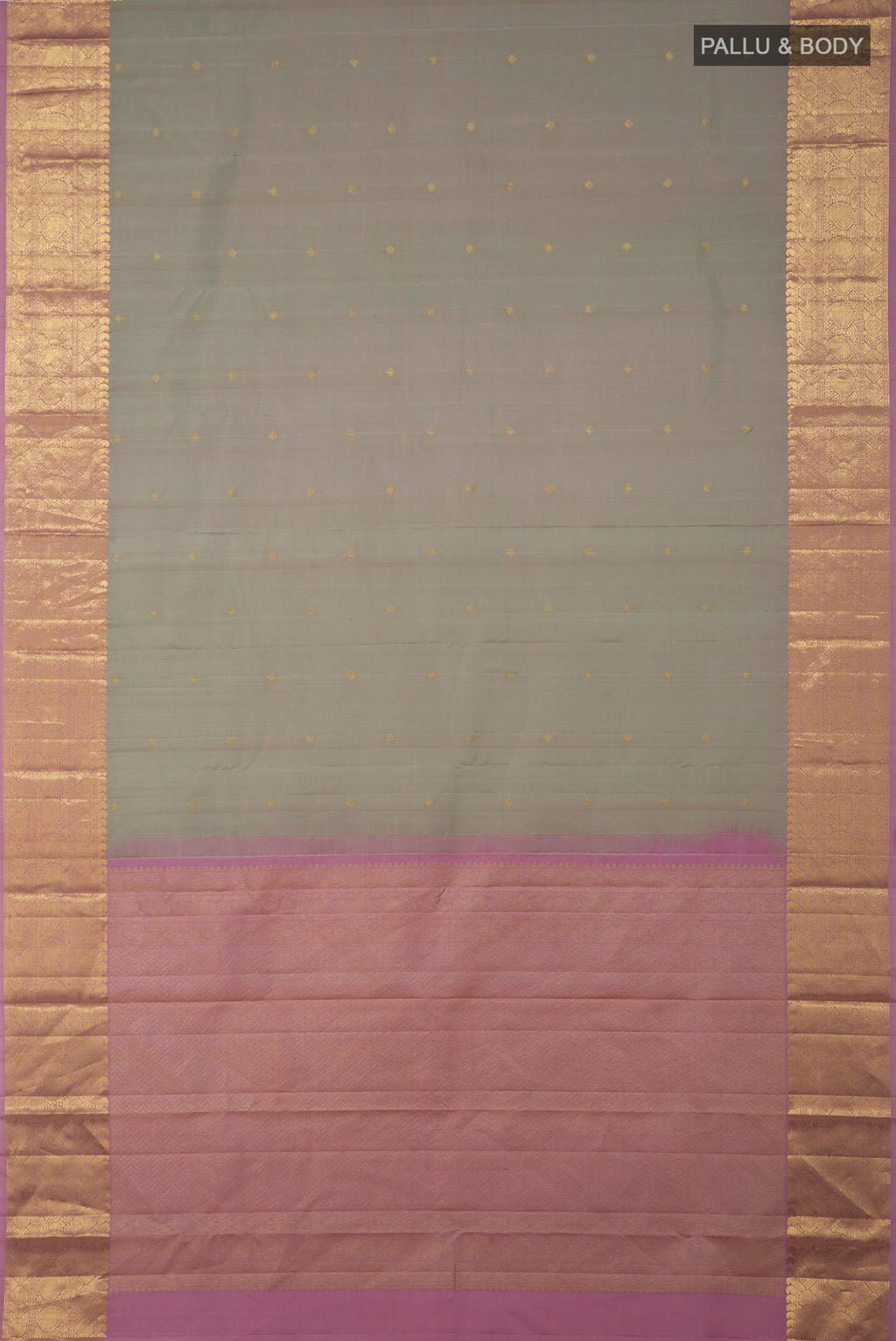 Flat view of Grey Kanchipuram Silk Saree with Zari Butta on the body and Zari Border. 