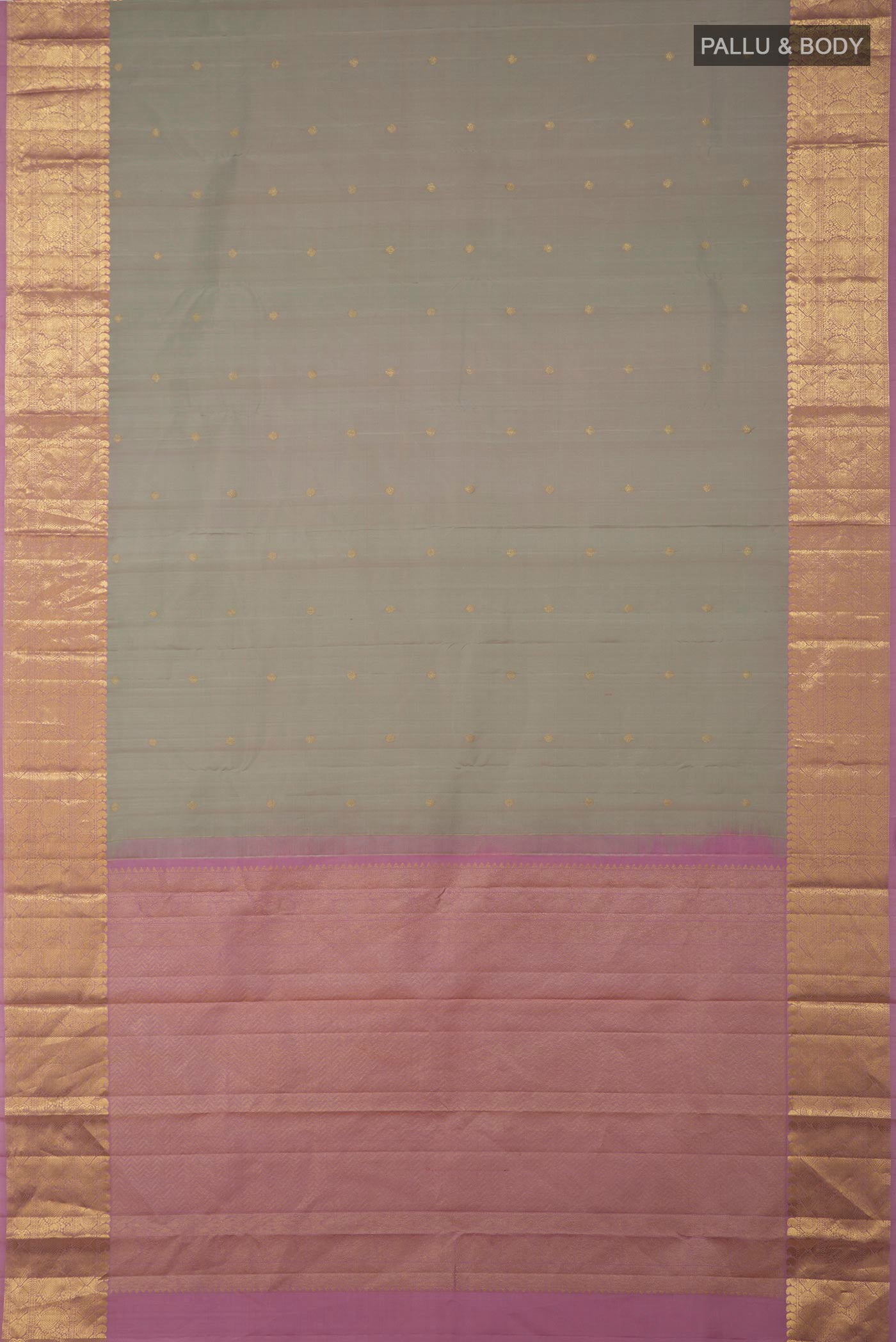 Flat view of Grey Kanchipuram Silk Saree with Zari Butta on the body and Zari Border. 