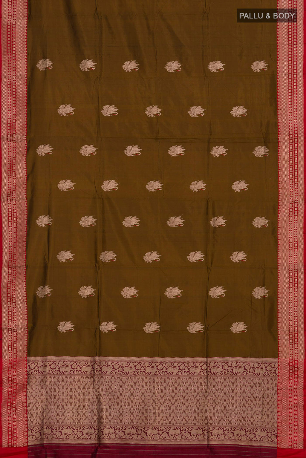 Flat view of Mehandi Green Banarasi Katan Silk Saree with Zari Butta on the body and Zari Border. 