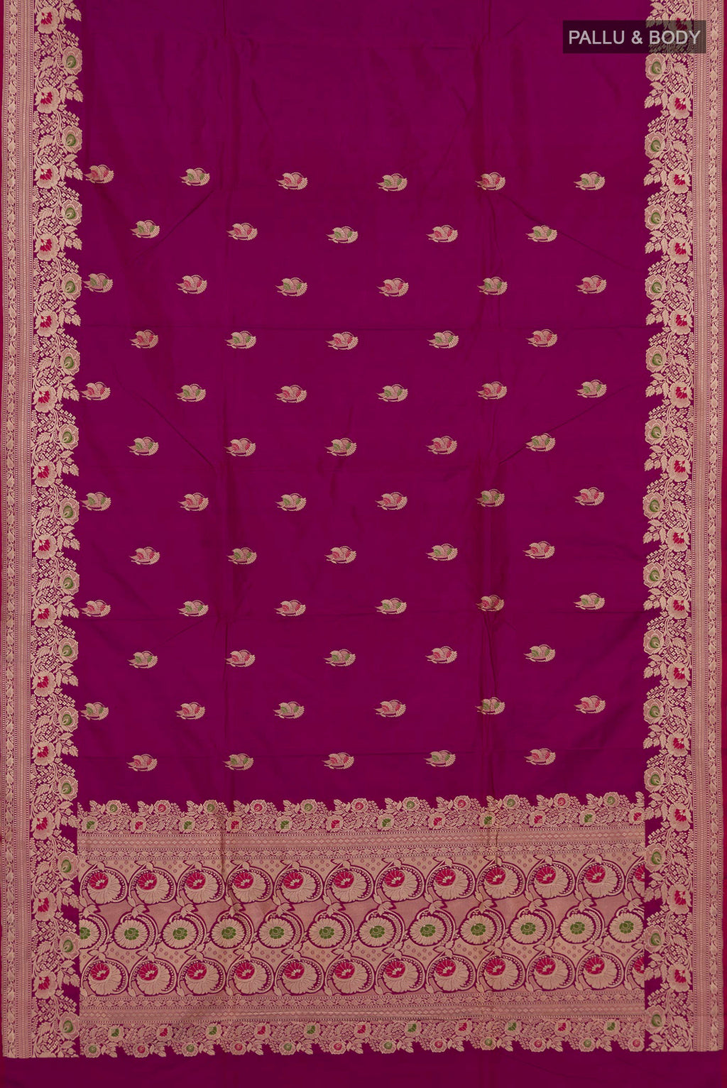 Flat view of Pure Silk Magenta Banarasi Katan Saree with Zari Butta on the body and Fancy Border. 