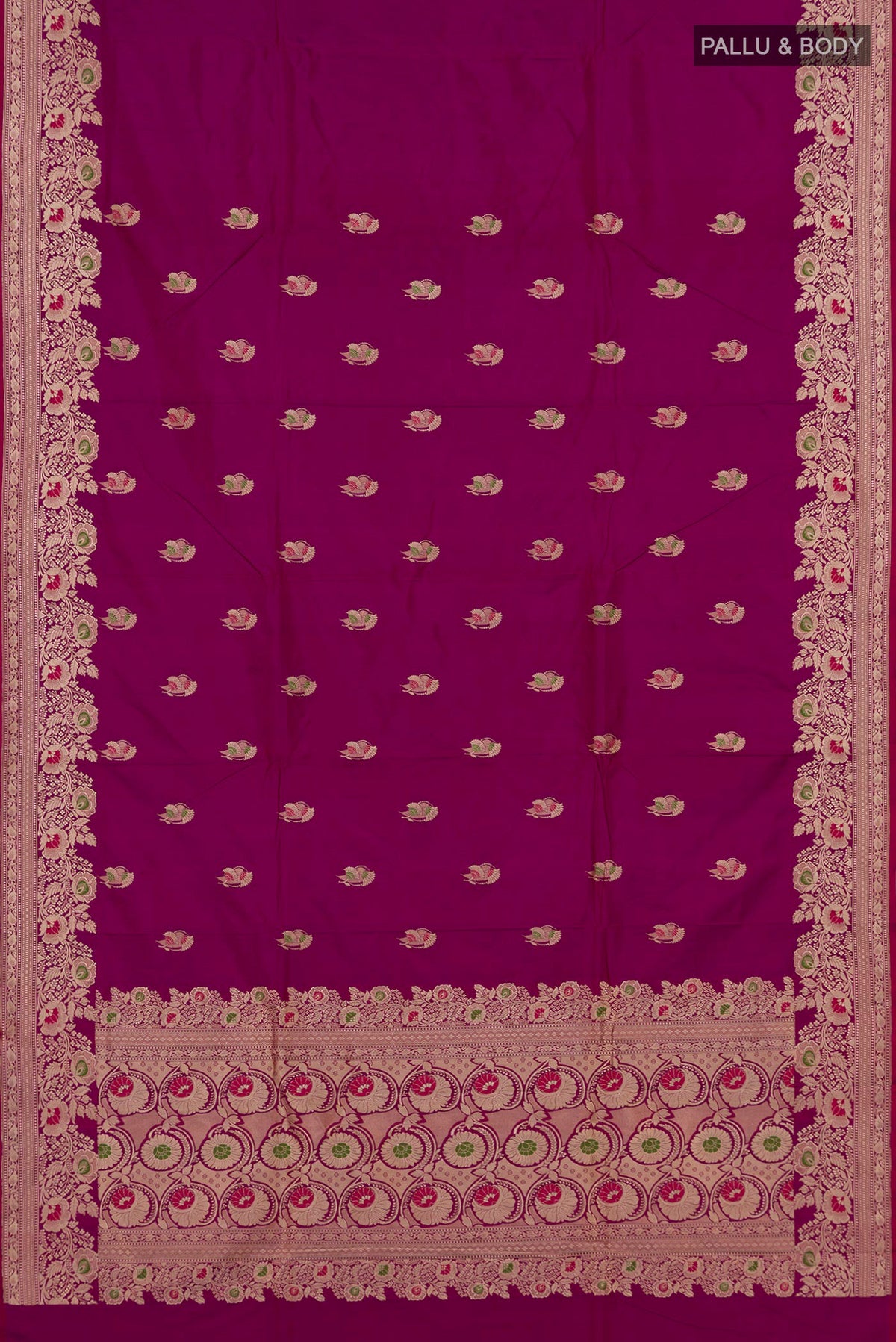 Flat view of Pure Silk Magenta Banarasi Katan Saree with Zari Butta on the body and Fancy Border. 