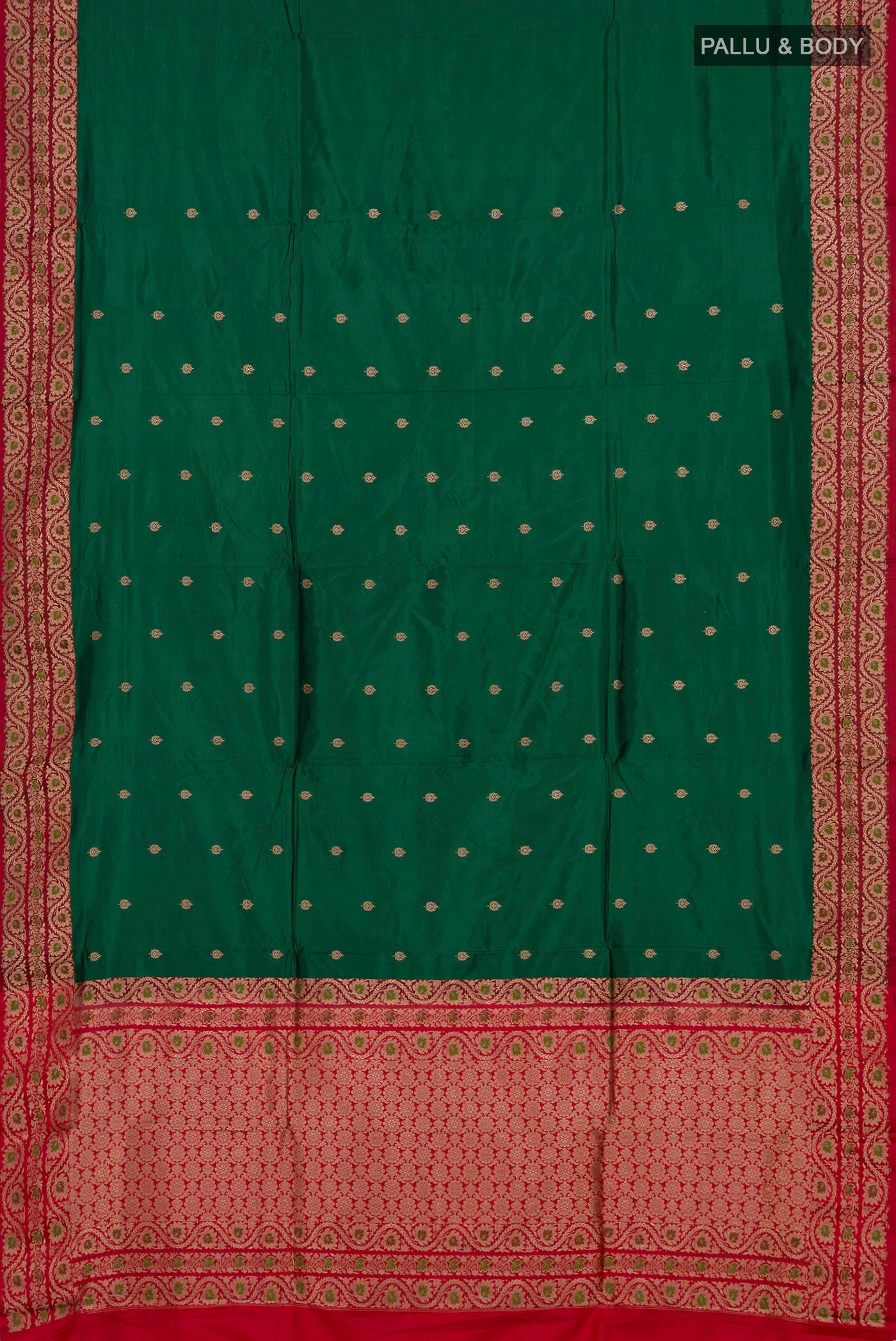 Flat view of Green Banarasi Katan Silk Saree with Zari Butta on the body and Zari Border. 