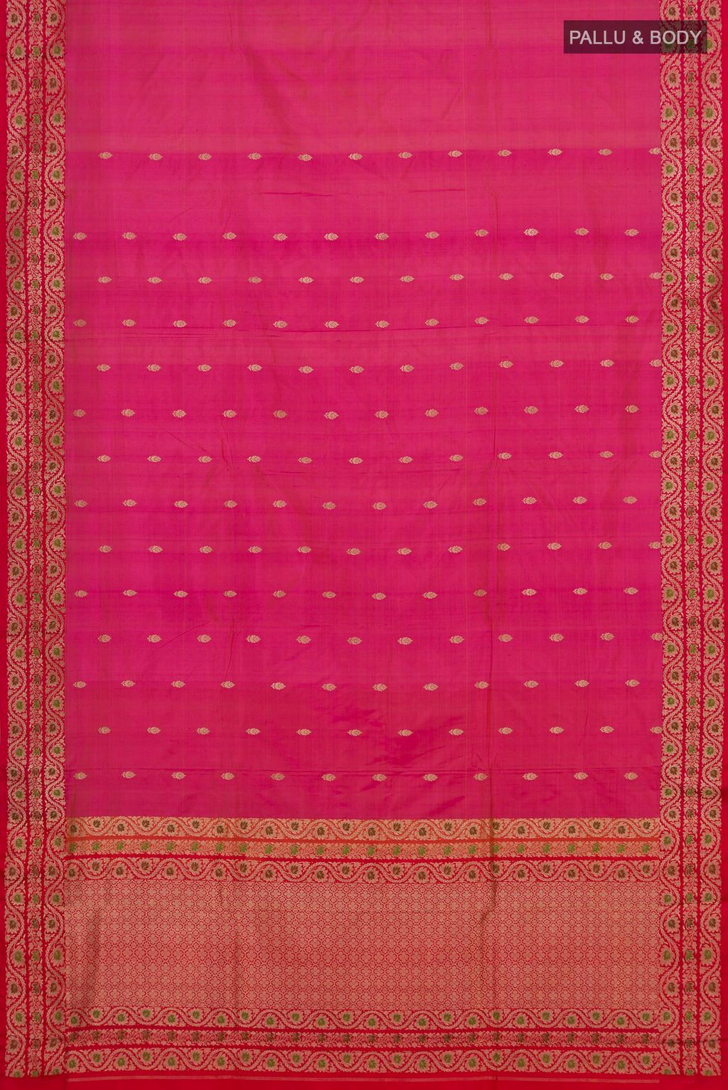 Flat view of Pure Silk Pink Banarasi Katan Saree with Zari Butta on the body and Fancy Border. 