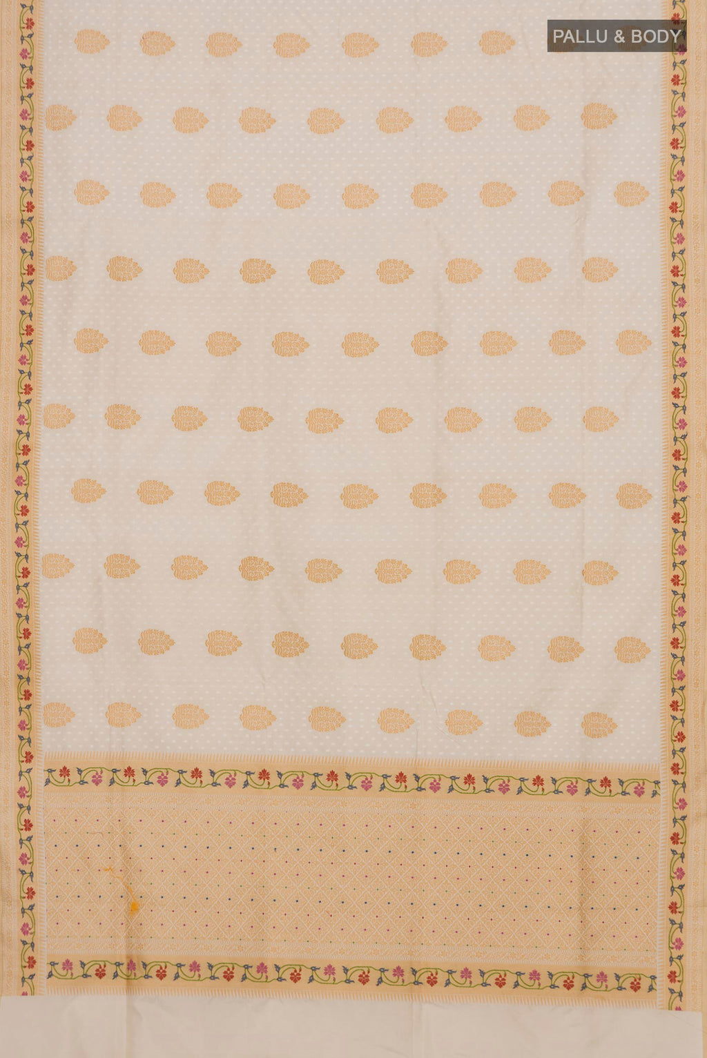 Flat view of Pure Silk Cream Banarasi Saree with Jacquard With Zari Butta on the body and Zari Border. 