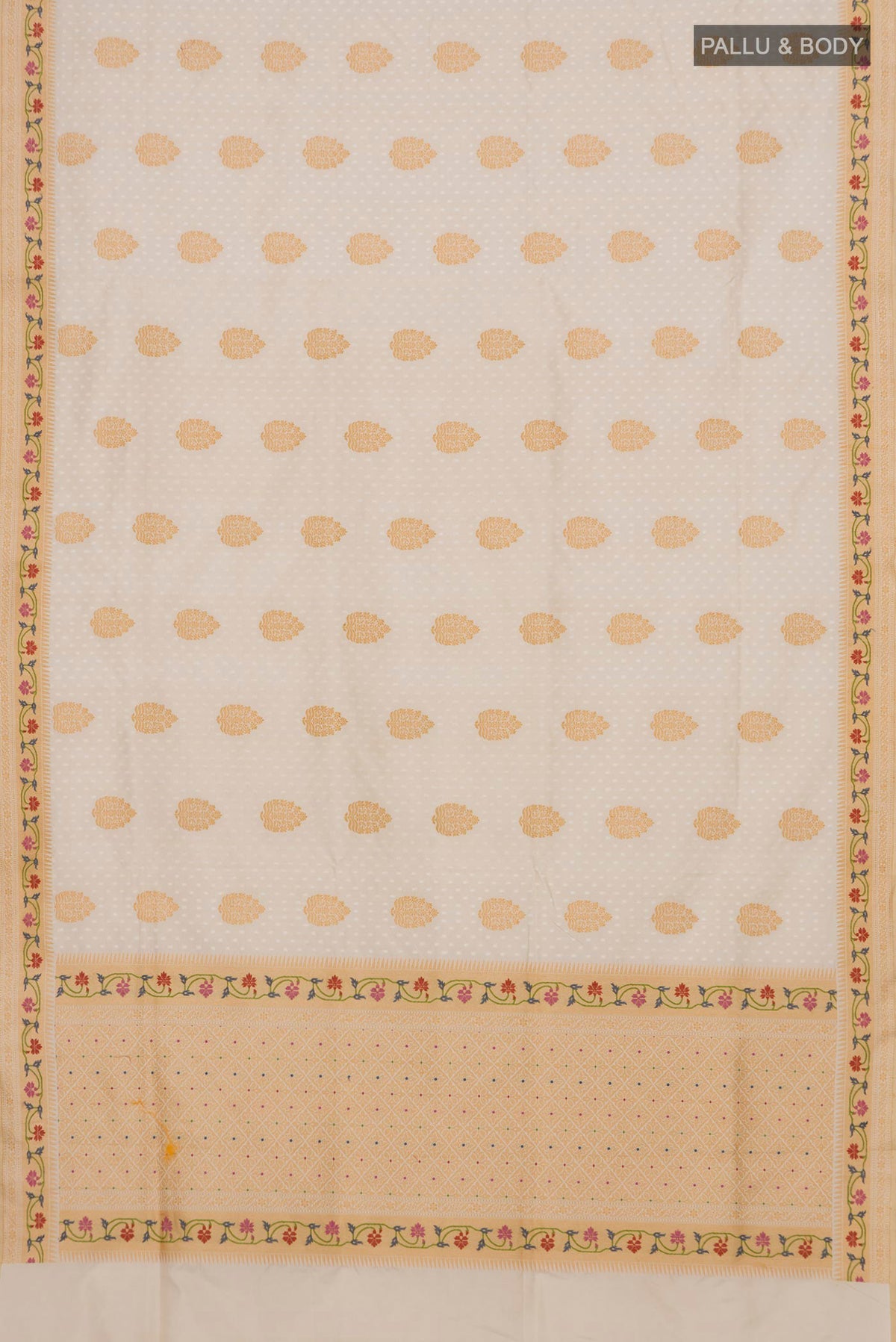Flat view of Pure Silk Cream Banarasi Saree with Jacquard With Zari Butta on the body and Zari Border. 