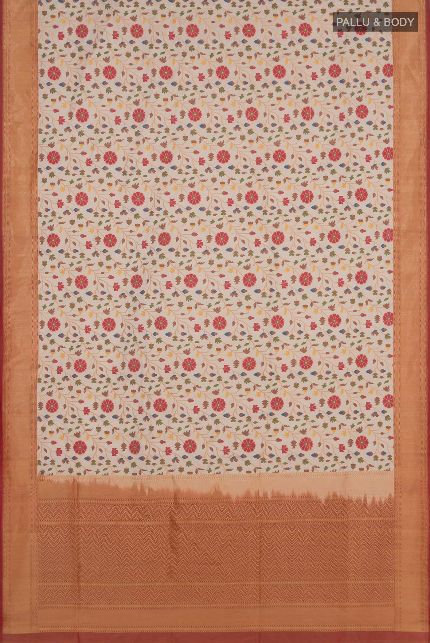 Flat view of Cream Banarasi Silk Saree with Zari And Thread Butta on the body and Zari Border. 
