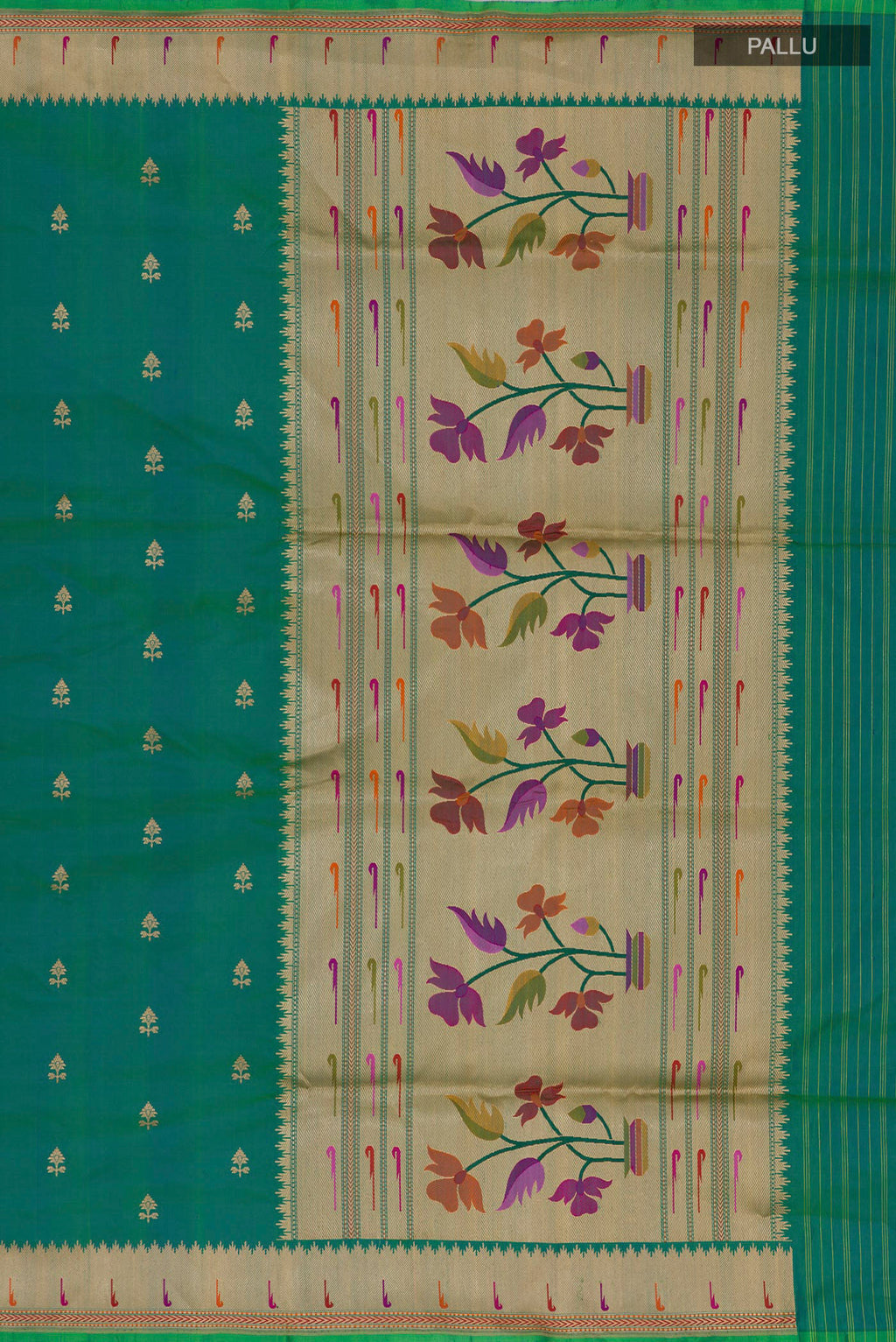 Close up image of the pallu of Peacock Blue Banarasi Silk Saree with Zari Butta on the body and Zari Border. 