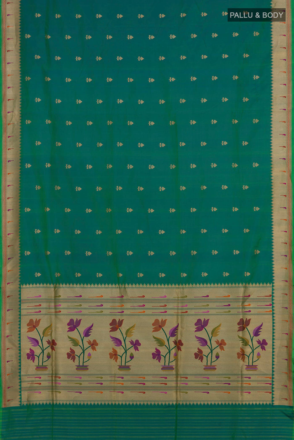 Flat view of Peacock Blue Banarasi Silk Saree with Zari Butta on the body and Zari Border. 
