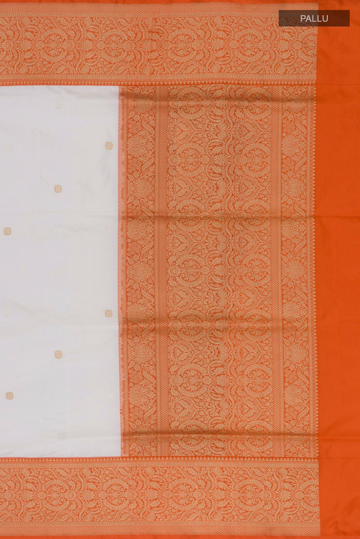 Close up image of the pallu of Pure Silk White Banarasi Saree with Zari Butta on the body and Fancy Border. 