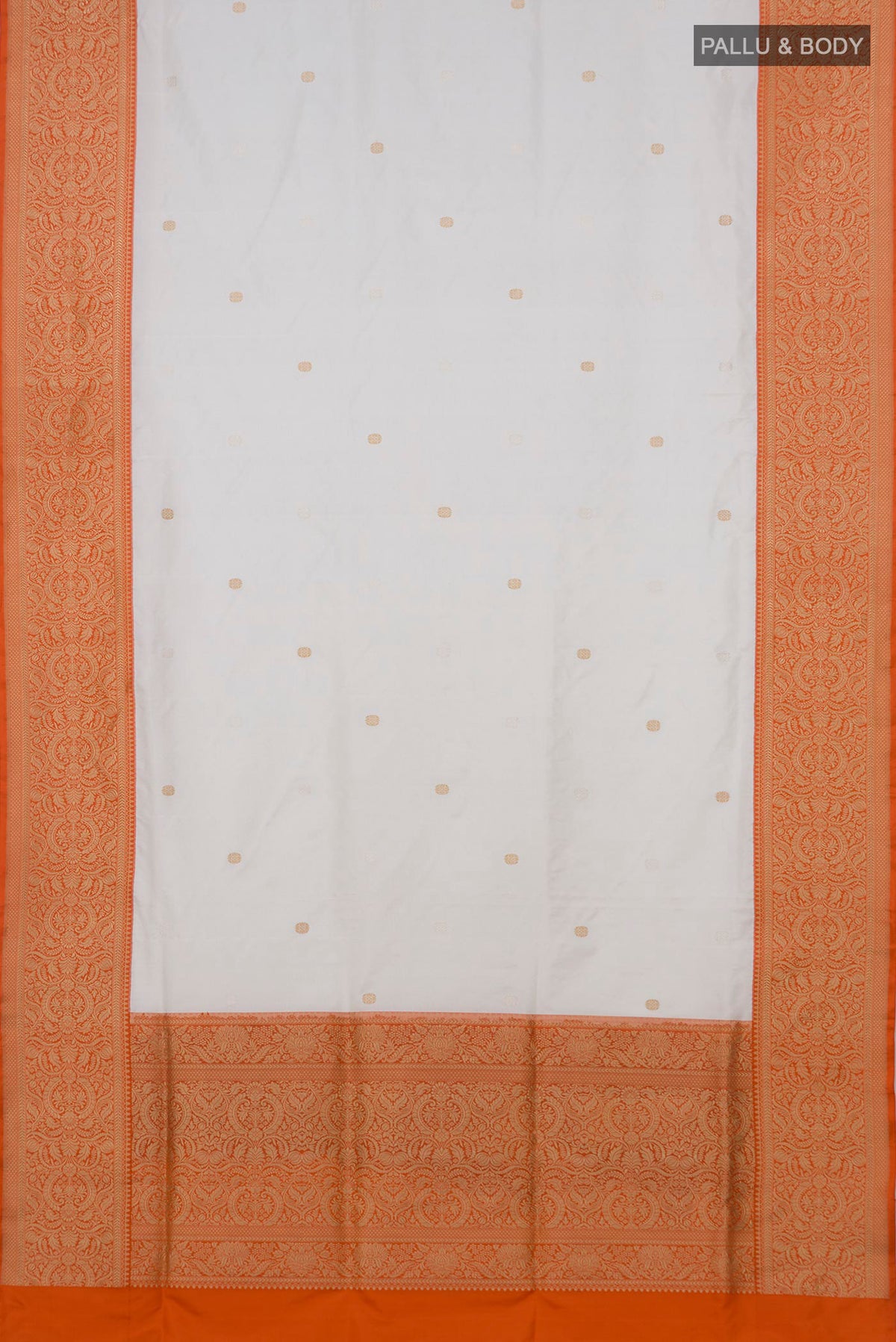 Flat view of Pure Silk White Banarasi Saree with Zari Butta on the body and Fancy Border. 