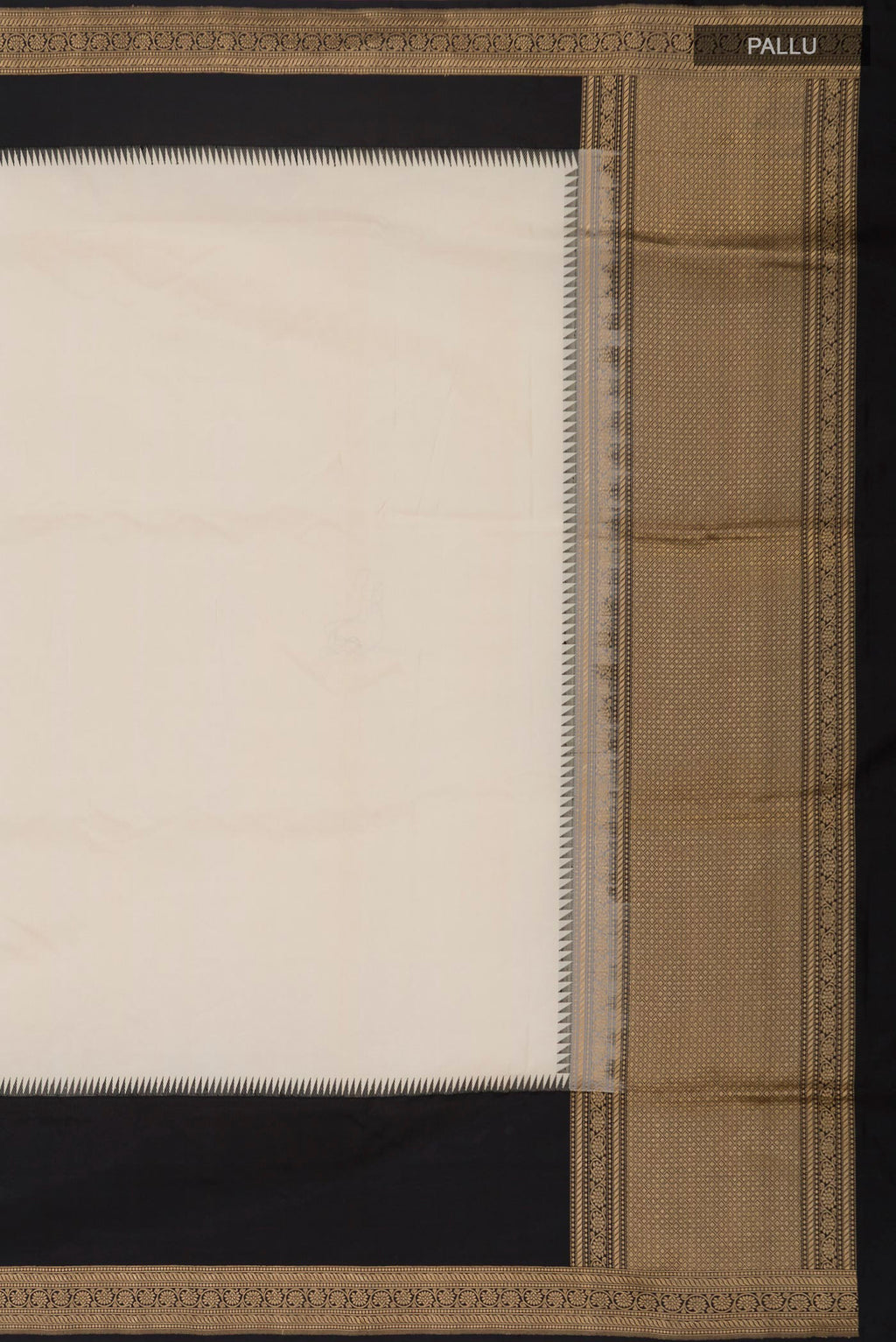 Close up image of the pallu of Cream Banarasi Silk Saree with Plain Body and Zari Border. 