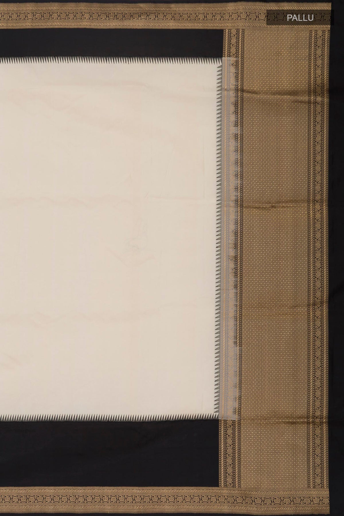 Close up image of the pallu of Cream Banarasi Silk Saree with Plain Body and Zari Border. 