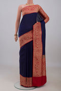 Blue Banarasi Silk Saree with Plain Body and Zari Border.  displayed on a mannequin