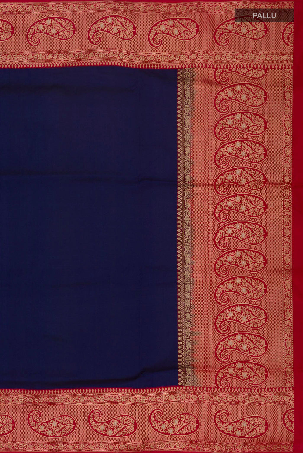 Close up image of the pallu of Blue Banarasi Silk Saree with Plain Body and Zari Border. 