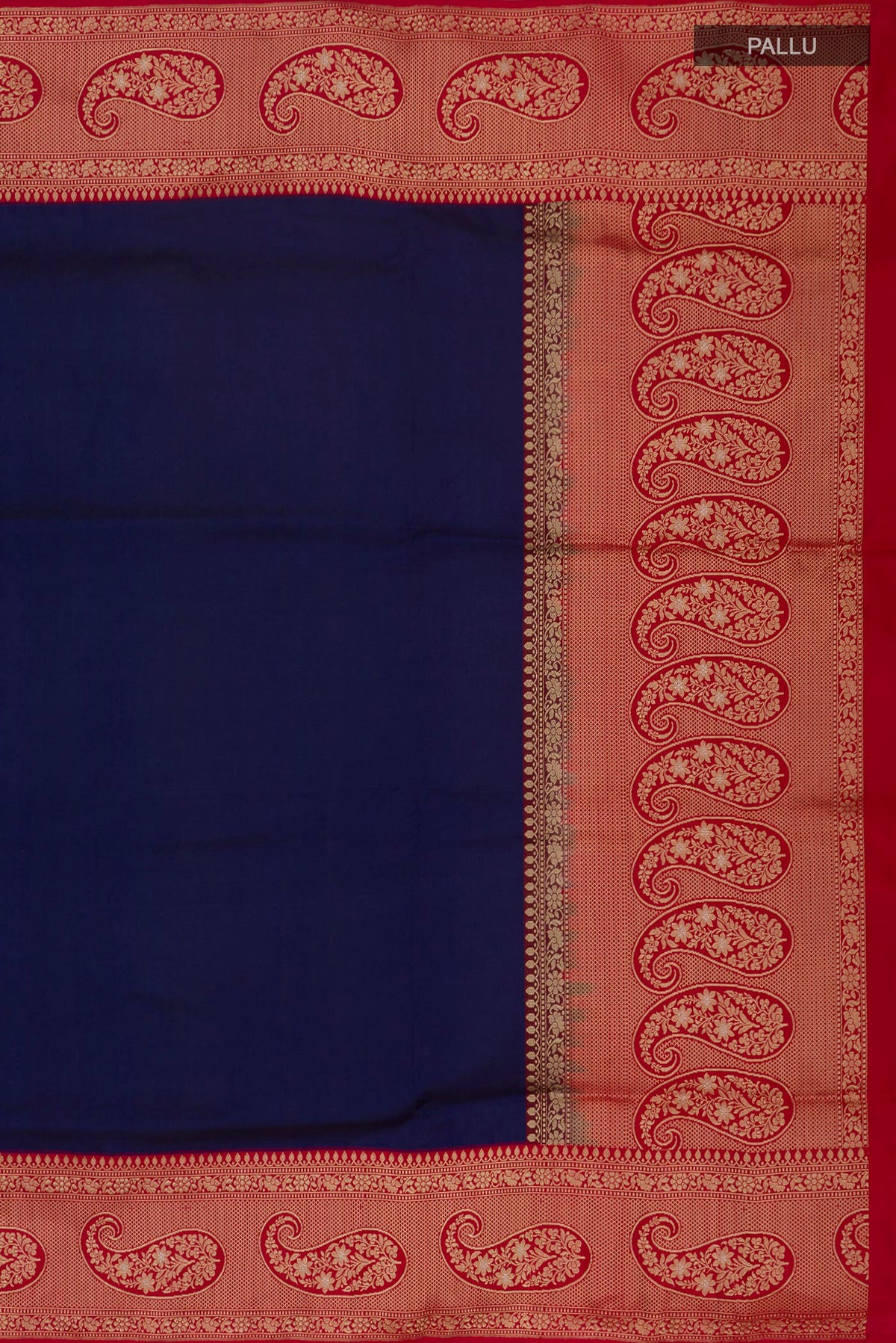 Close up image of the pallu of Blue Banarasi Silk Saree with Plain Body and Zari Border. 