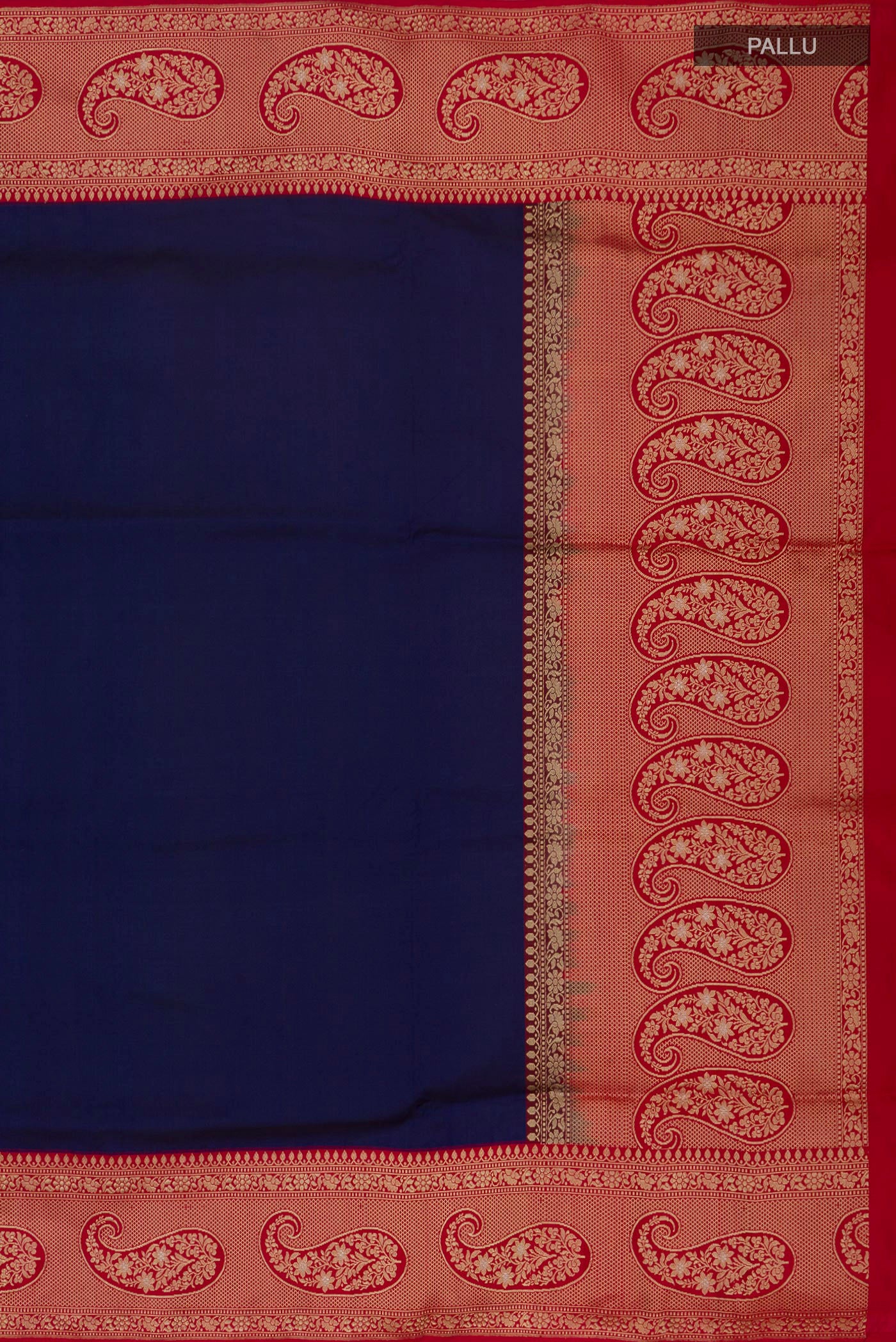 Close up image of the pallu of Blue Banarasi Silk Saree with Plain Body and Zari Border. 