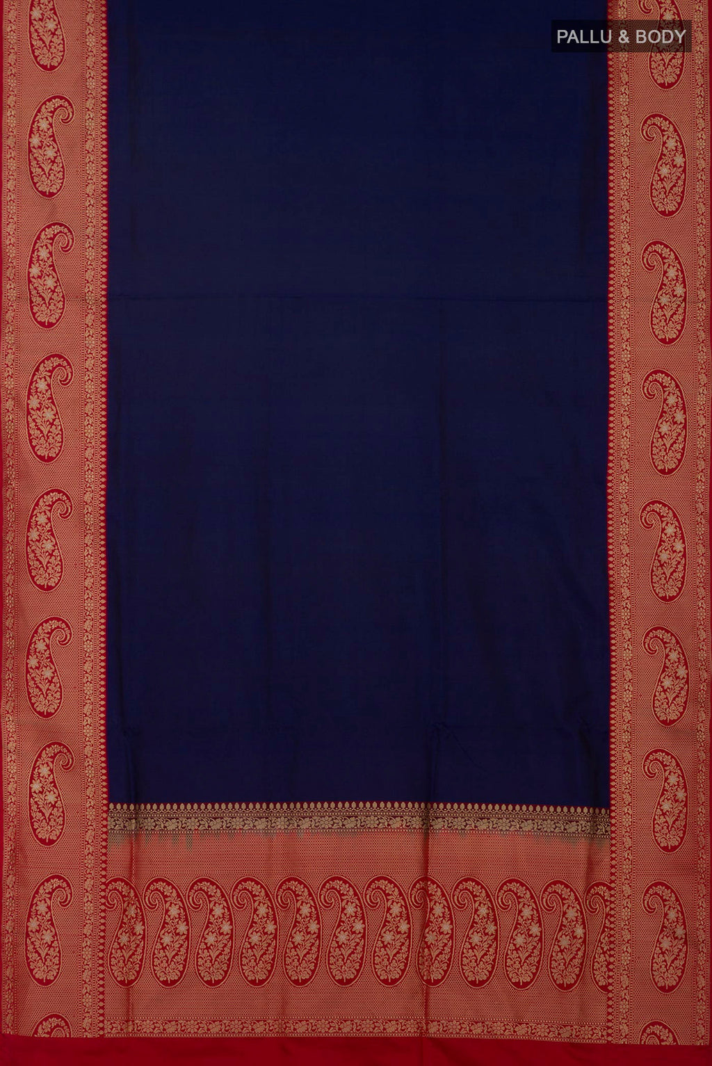 Flat view of Blue Banarasi Silk Saree with Plain Body and Zari Border. 