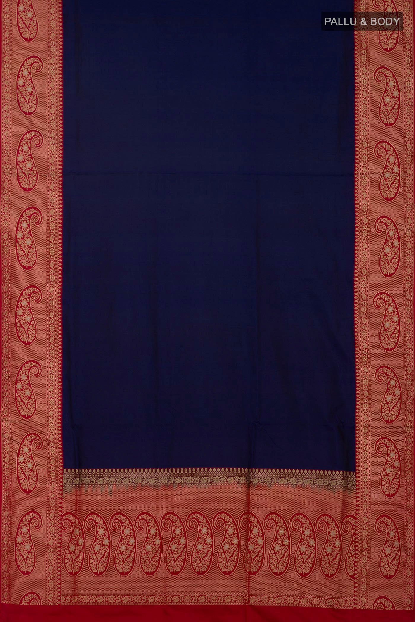 Flat view of Blue Banarasi Silk Saree with Plain Body and Zari Border. 