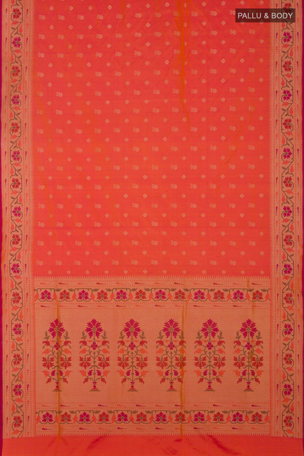 Flat view of Pinkish Yellow Dual Tone Banarasi Silk Saree with Zari Butta on the body and Zari Border. 