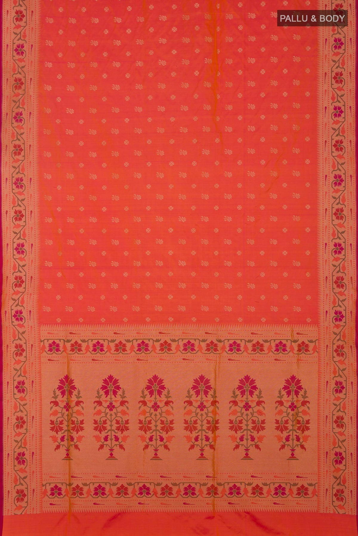 Flat view of Pinkish Yellow Dual Tone Banarasi Silk Saree with Zari Butta on the body and Zari Border. 