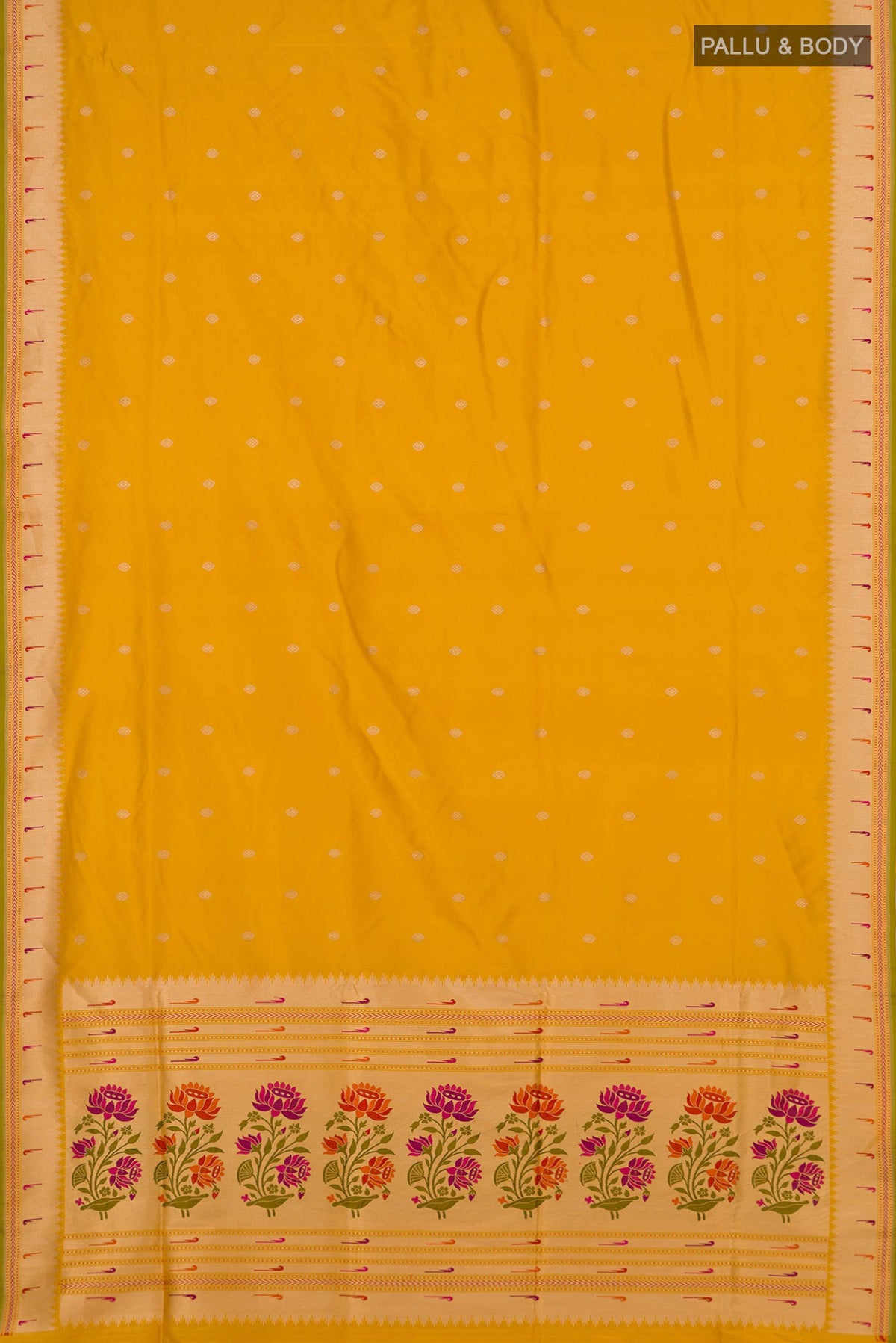 Flat view of Pure Silk Yellow Banarasi Saree with Zari Butta on the body and Fancy Border. 