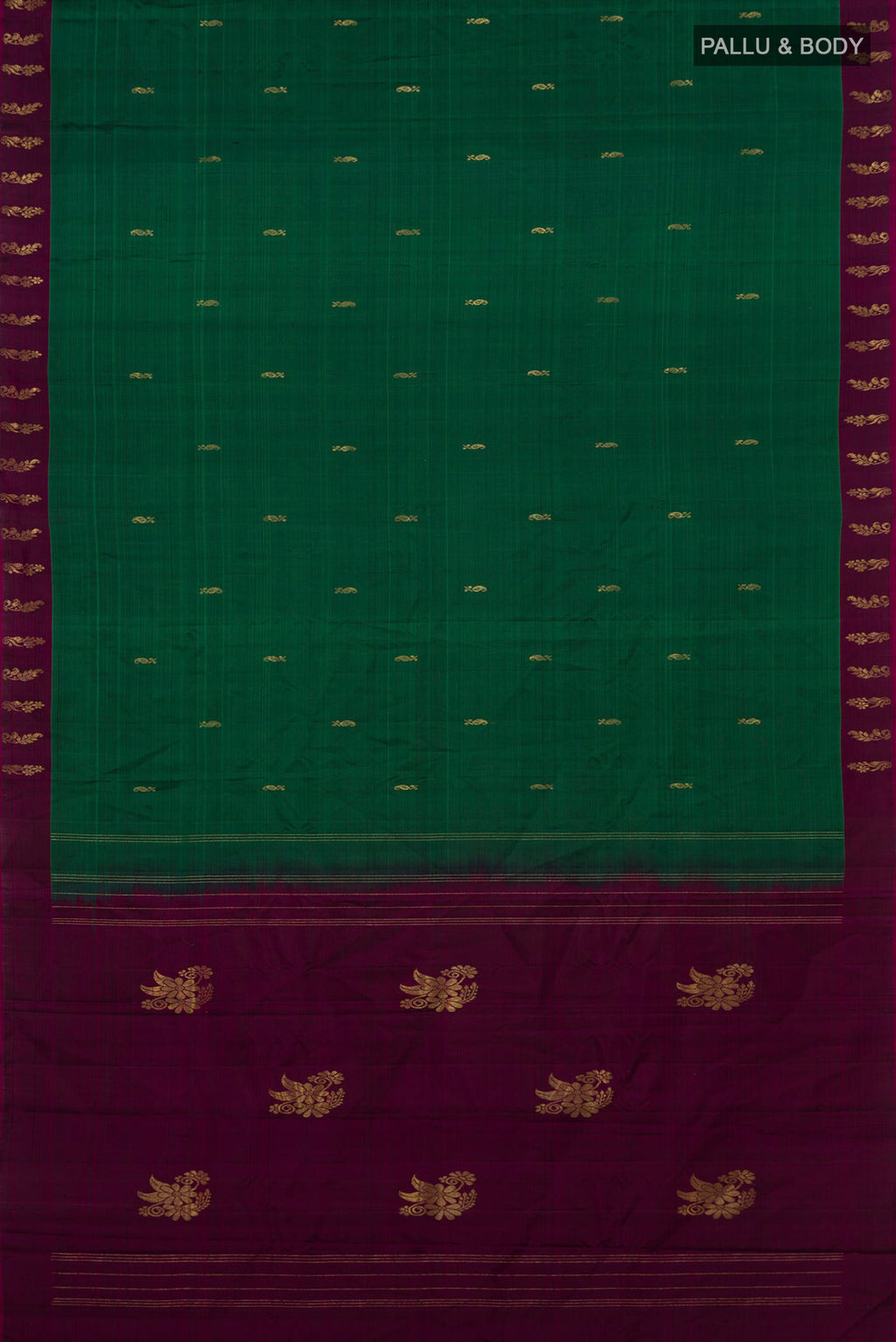 Flat view of Pure Silk Green Kanchipuram Saree with Zari Butta on the body and Fancy Border. 