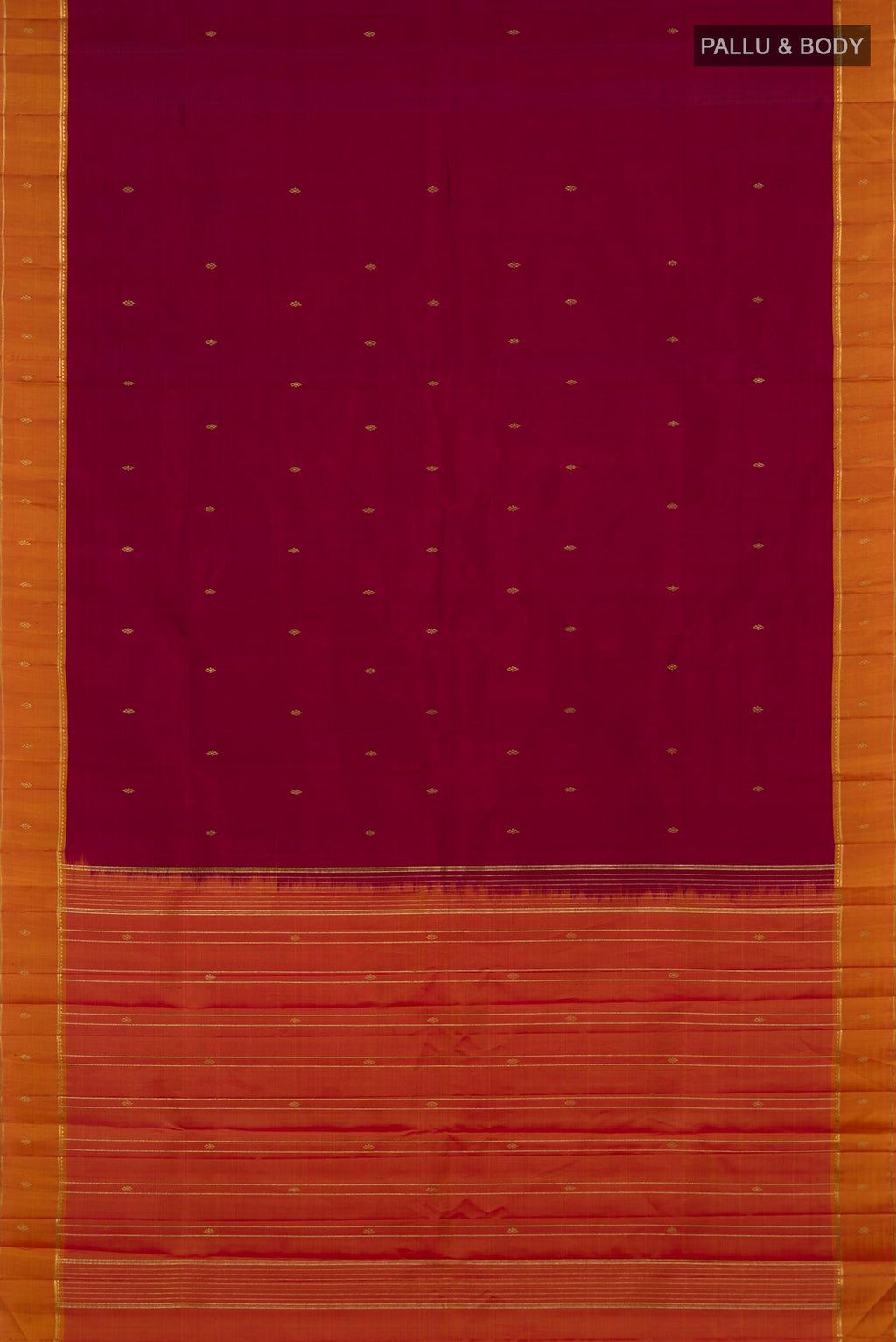 Flat view of Pure Silk Maroon Kanchipuram Saree with Zari Butta on the body and Thin Zari Line. 