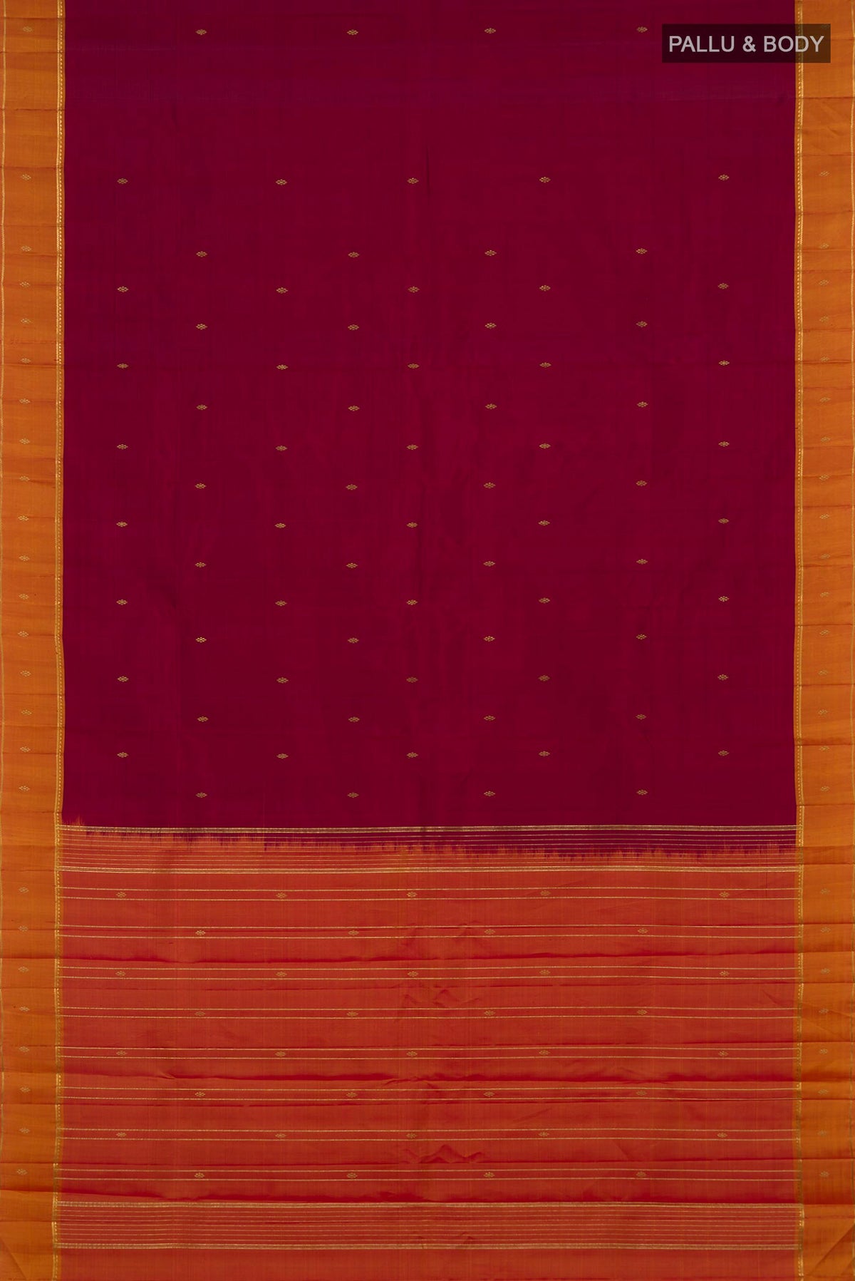 Flat view of Pure Silk Maroon Kanchipuram Saree with Zari Butta on the body and Thin Zari Line. 