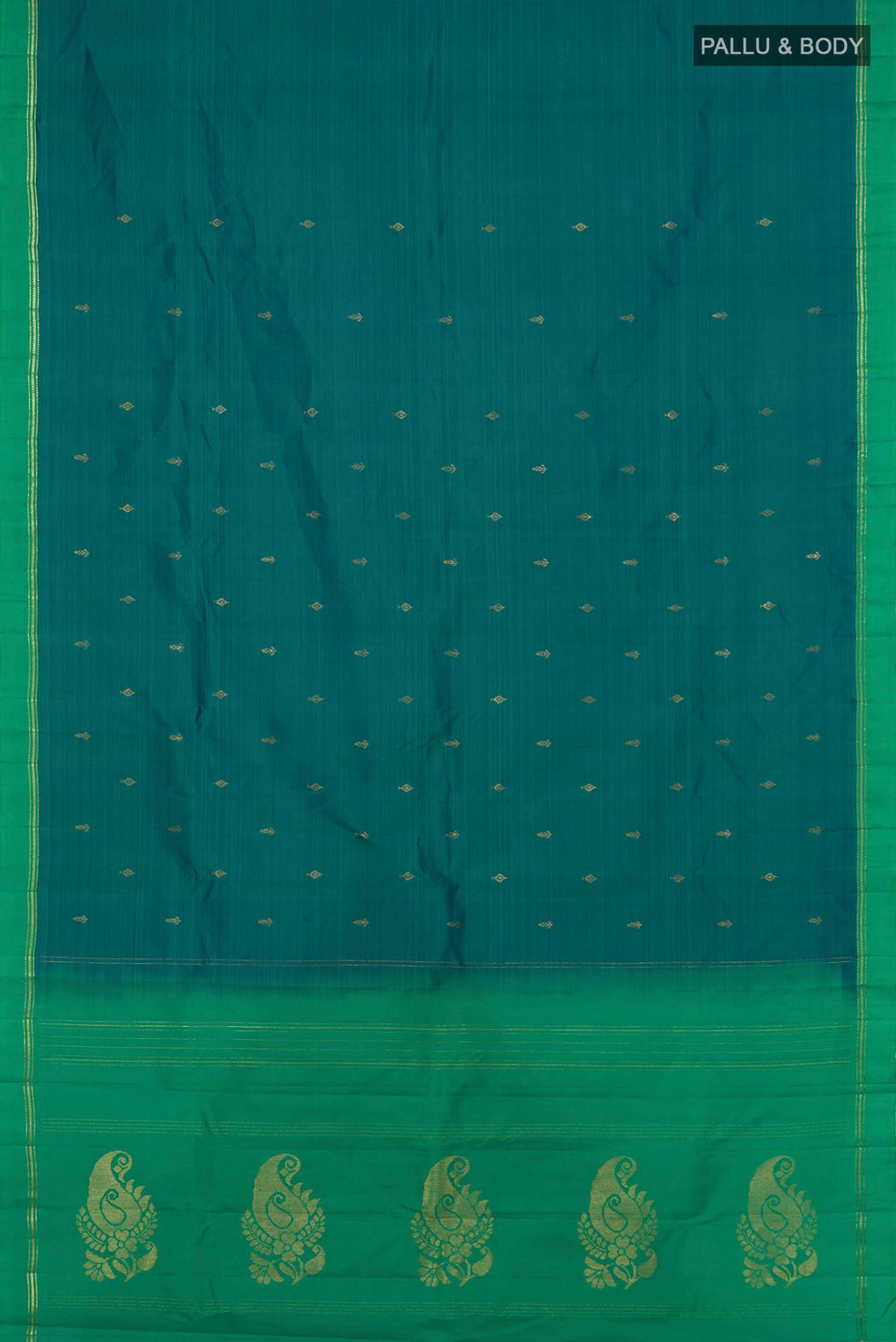 Flat view of Peacock Blue Kanchipuram Silk Saree with Zari Butta on the body and Temple Border. 