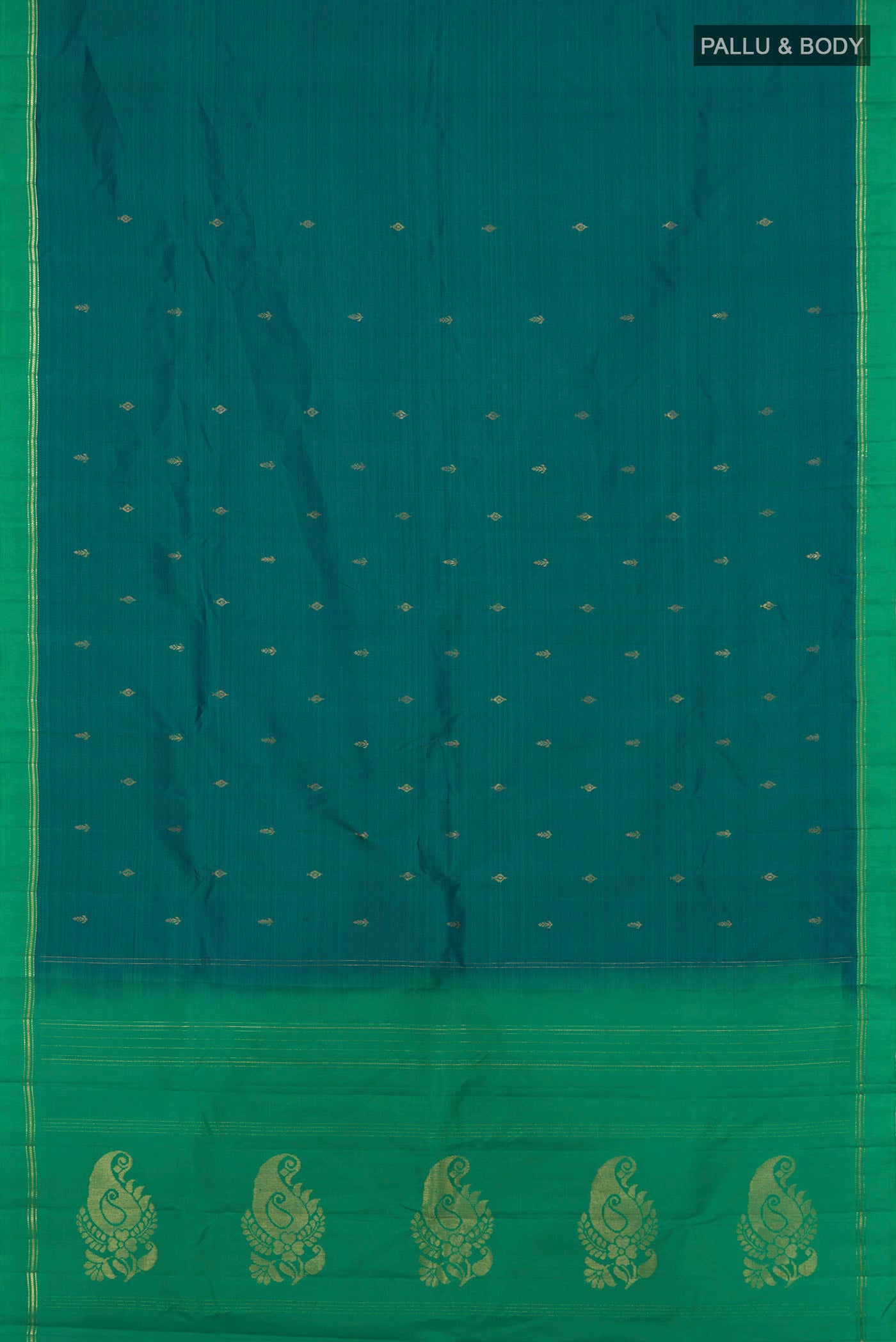 Flat view of Peacock Blue Kanchipuram Silk Saree with Zari Butta on the body and Temple Border. 