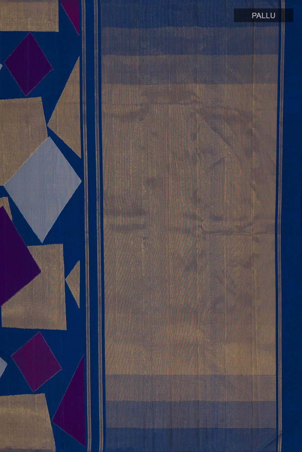 Close up image of the pallu of Pure Silk Pure Zari Blue Kanjivaram Saree with Fancy on the body and Zari Border. 