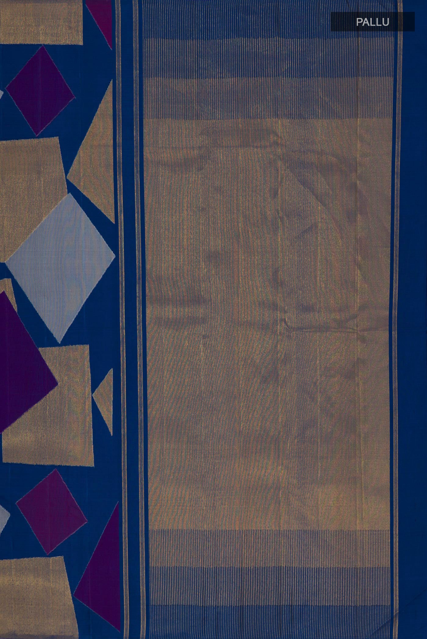 Close up image of the pallu of Pure Silk Pure Zari Blue Kanjivaram Saree with Fancy on the body and Zari Border. 
