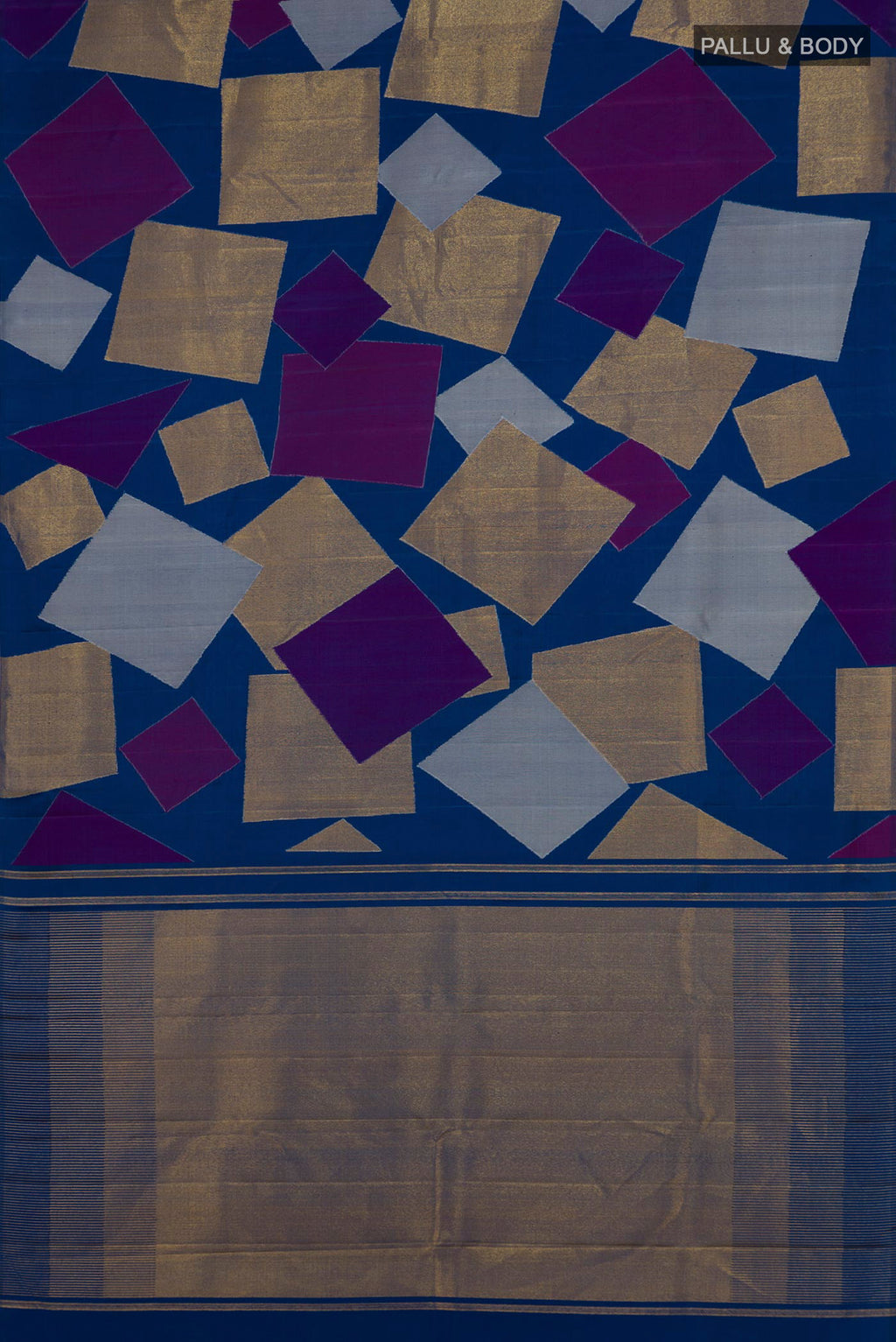 Flat view of Pure Silk Pure Zari Blue Kanjivaram Saree with Fancy on the body and Zari Border. 