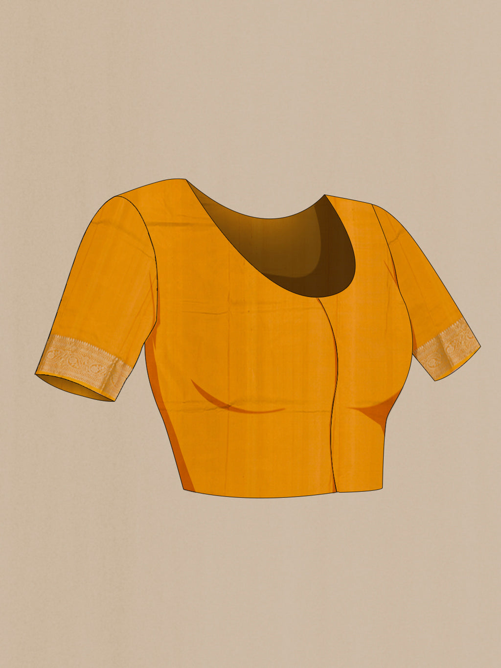 Close up image of the blouse of Yellow Banarasi Katan Silk Saree with Zari Butta on the body and Zari Border. 