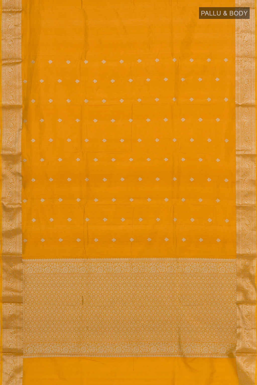 Flat view of Yellow Banarasi Katan Silk Saree with Zari Butta on the body and Zari Border. 