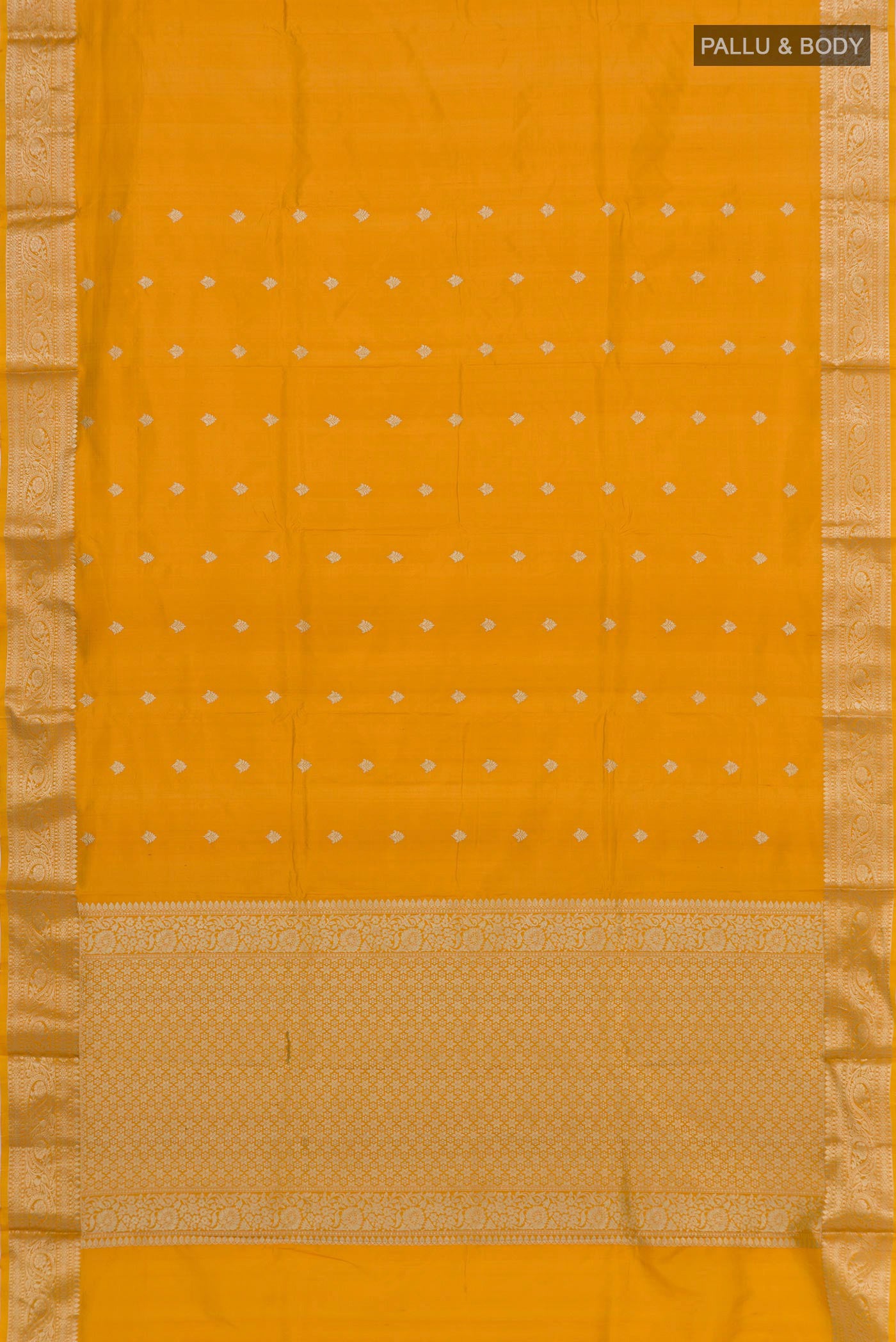 Flat view of Yellow Banarasi Katan Silk Saree with Zari Butta on the body and Zari Border. 
