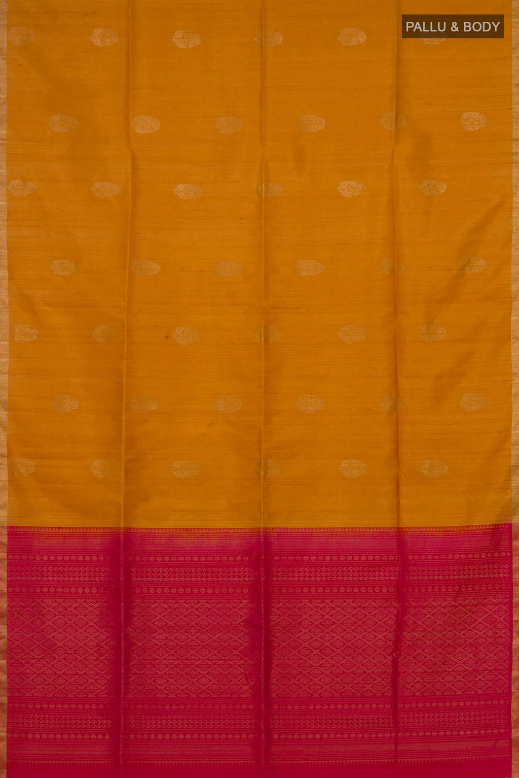 Flat view of Pure Silk Mustard Soft Saree with Zari Butta on the body and Zari Border. 