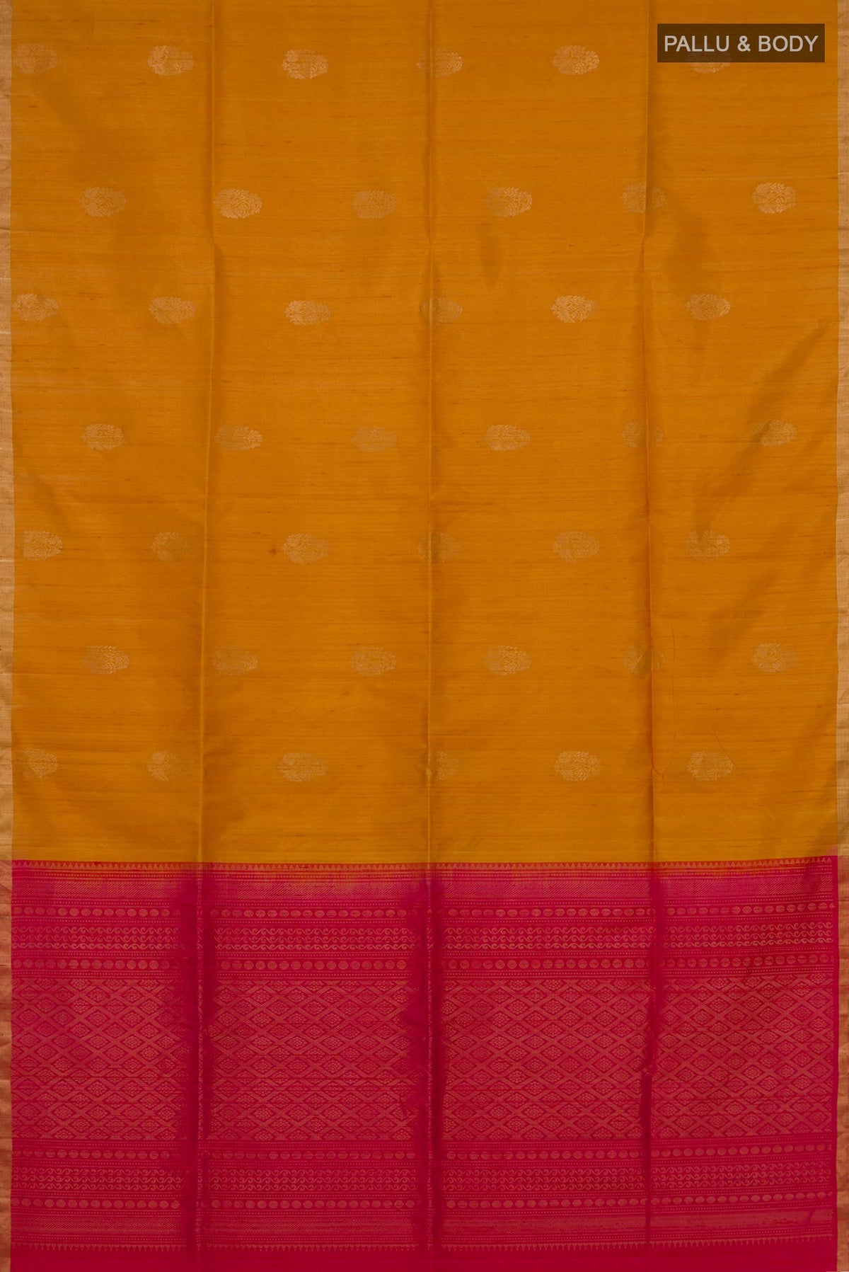 Flat view of Pure Silk Mustard Soft Saree with Zari Butta on the body and Zari Border. 