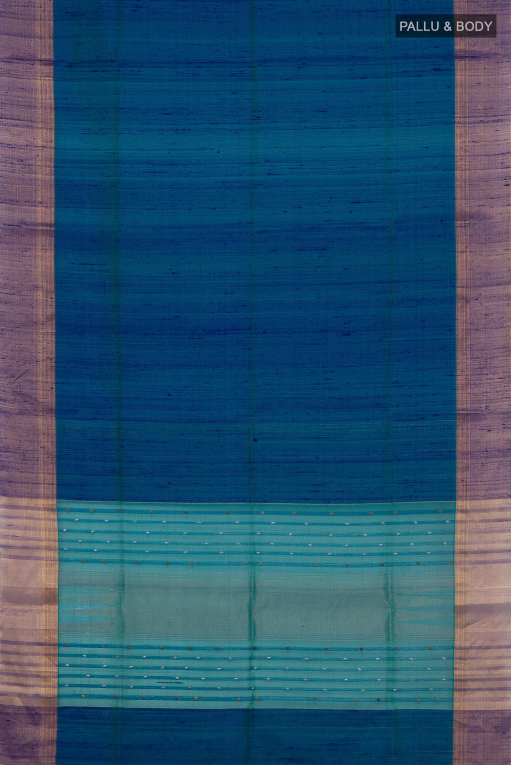 Flat view of Pure Silk Peacock Blue Soft Saree with Plain Body and Zari Border. 