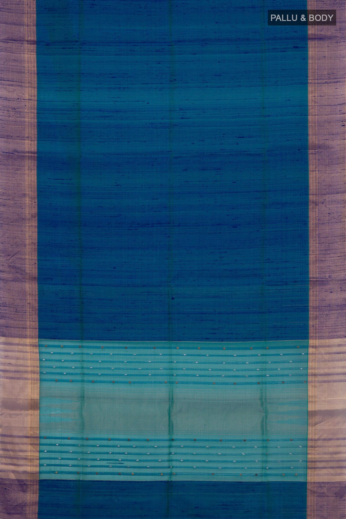Flat view of Pure Silk Peacock Blue Soft Saree with Plain Body and Zari Border. 